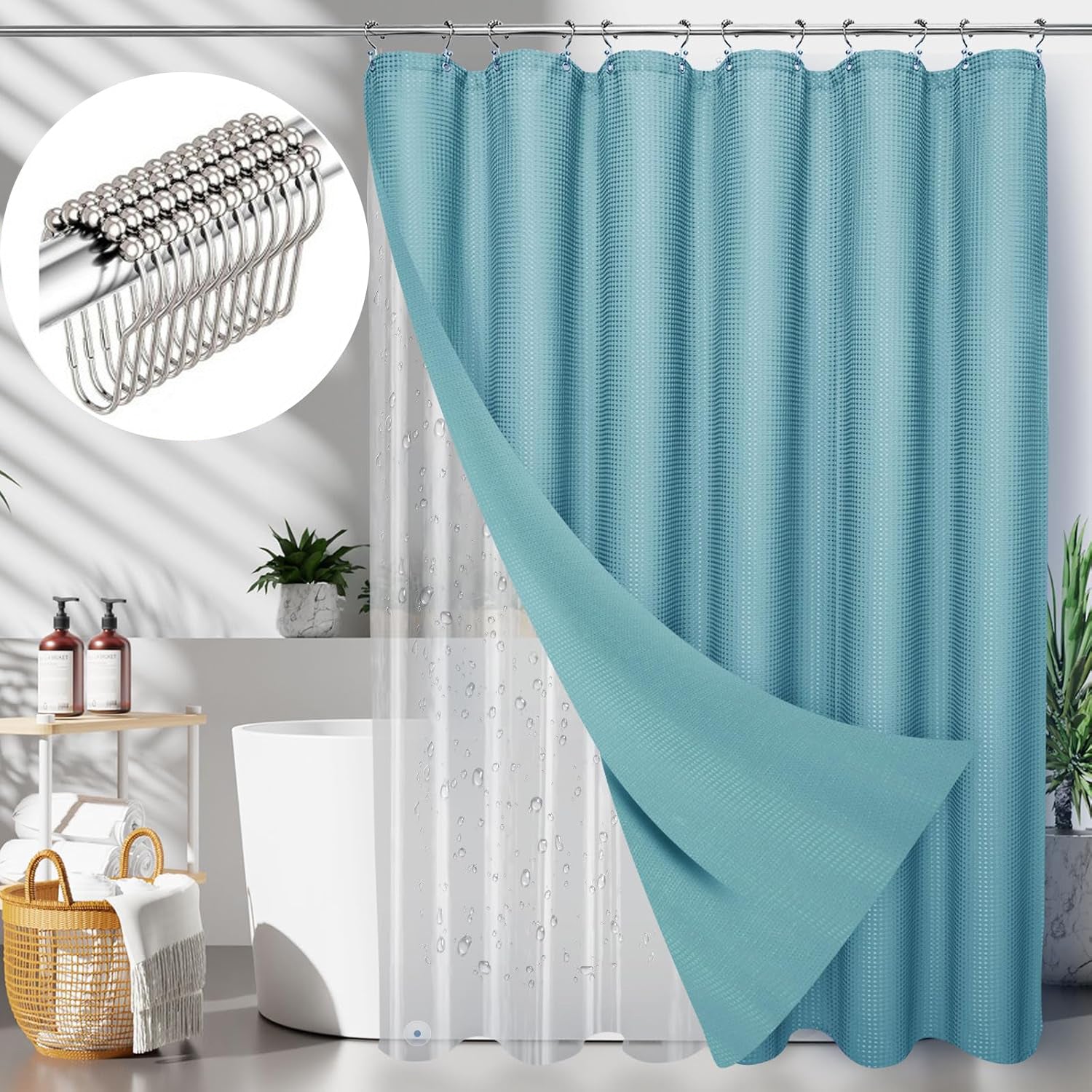 Waffle Shower Curtain Hotel Luxury Spa Bathroom Curtain with 12 hooks
