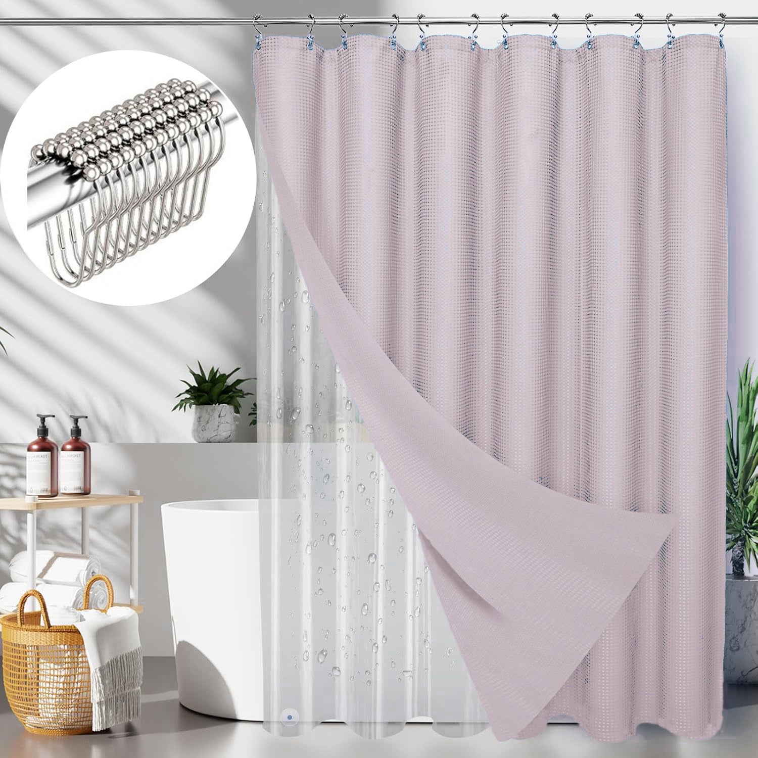 Waffle Shower Curtain Hotel Luxury Spa Bathroom Curtain with 12 hooks