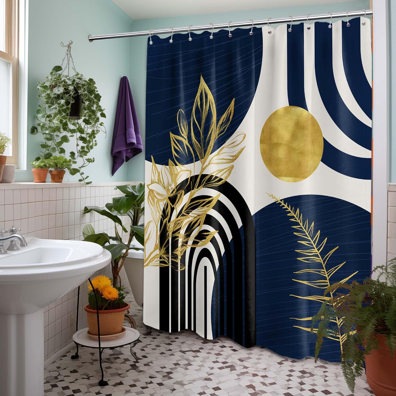 Zrodlmo®Boho Gold Leaves MCM Shower Curtain with Hooks