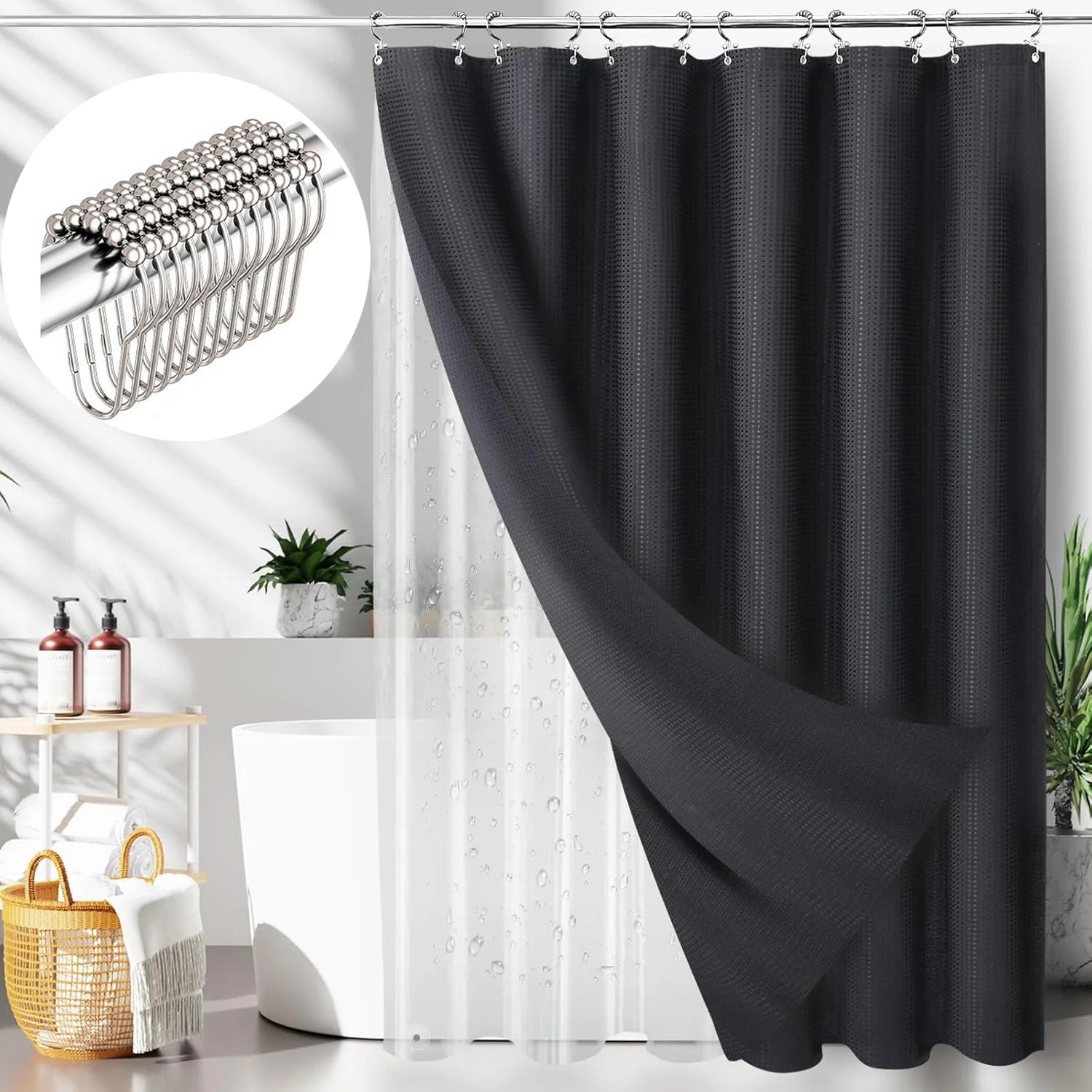 Waffle Shower Curtain Hotel Luxury Spa Bathroom Curtain with 12 hooks