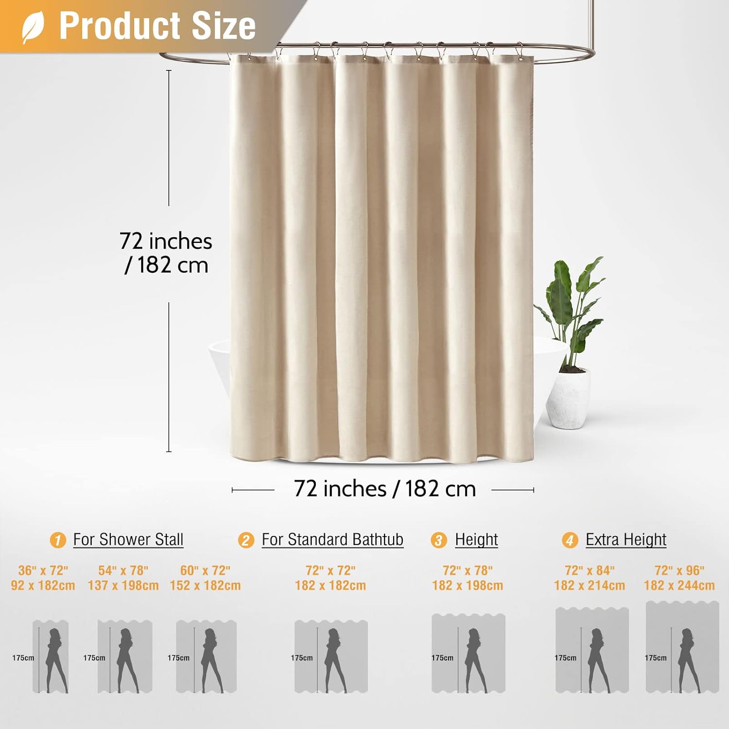 Linen Textured Cloth Shower Curtain With Hooks