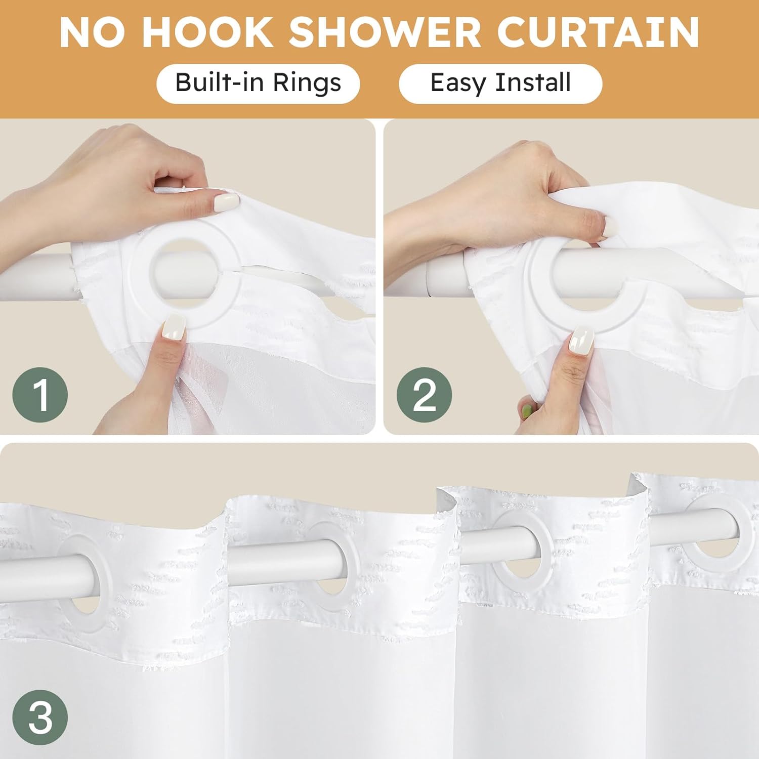 Zrodlmo™Waterproof Hookless Shower Curtain White Tufted W-Shaped Striped Fabric