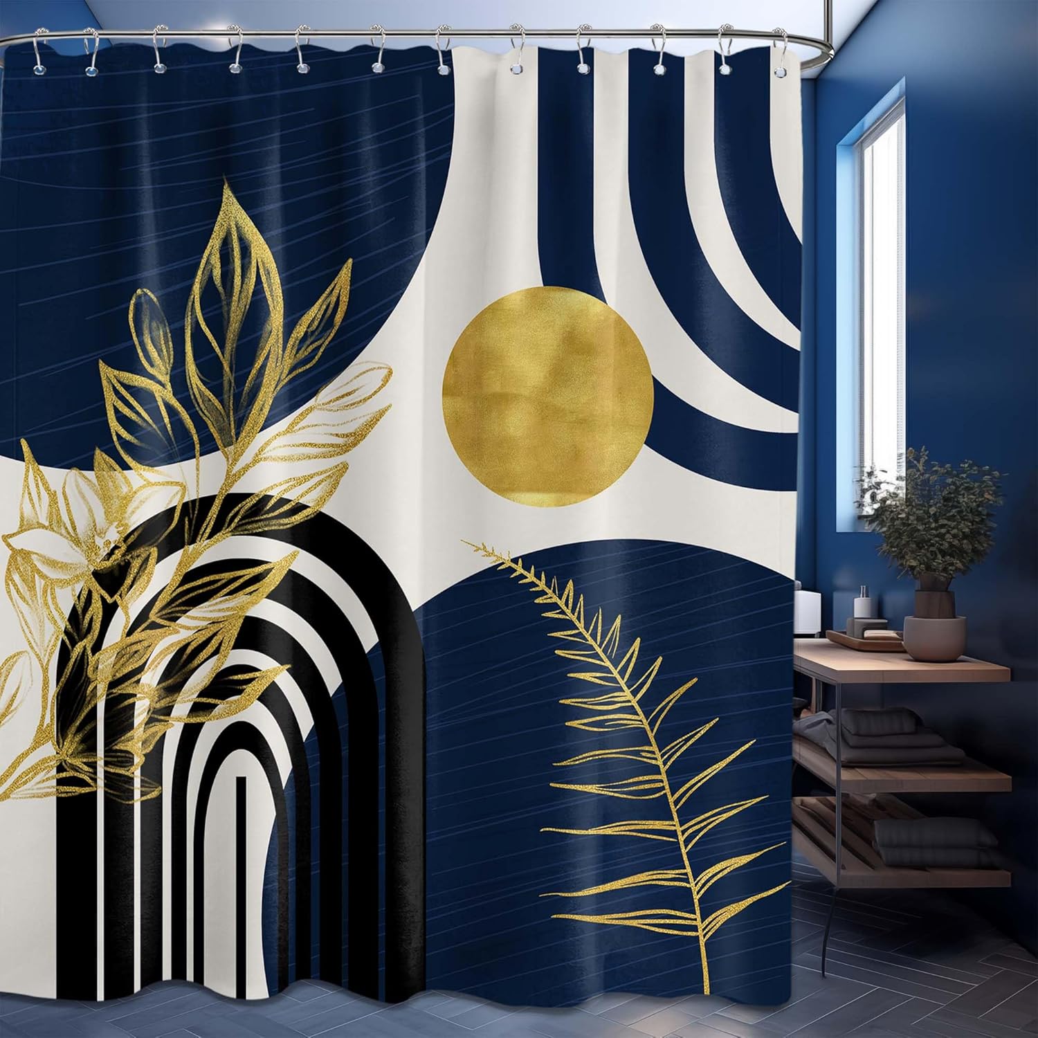 Zrodlmo®Boho Gold Leaves MCM Shower Curtain with Hooks