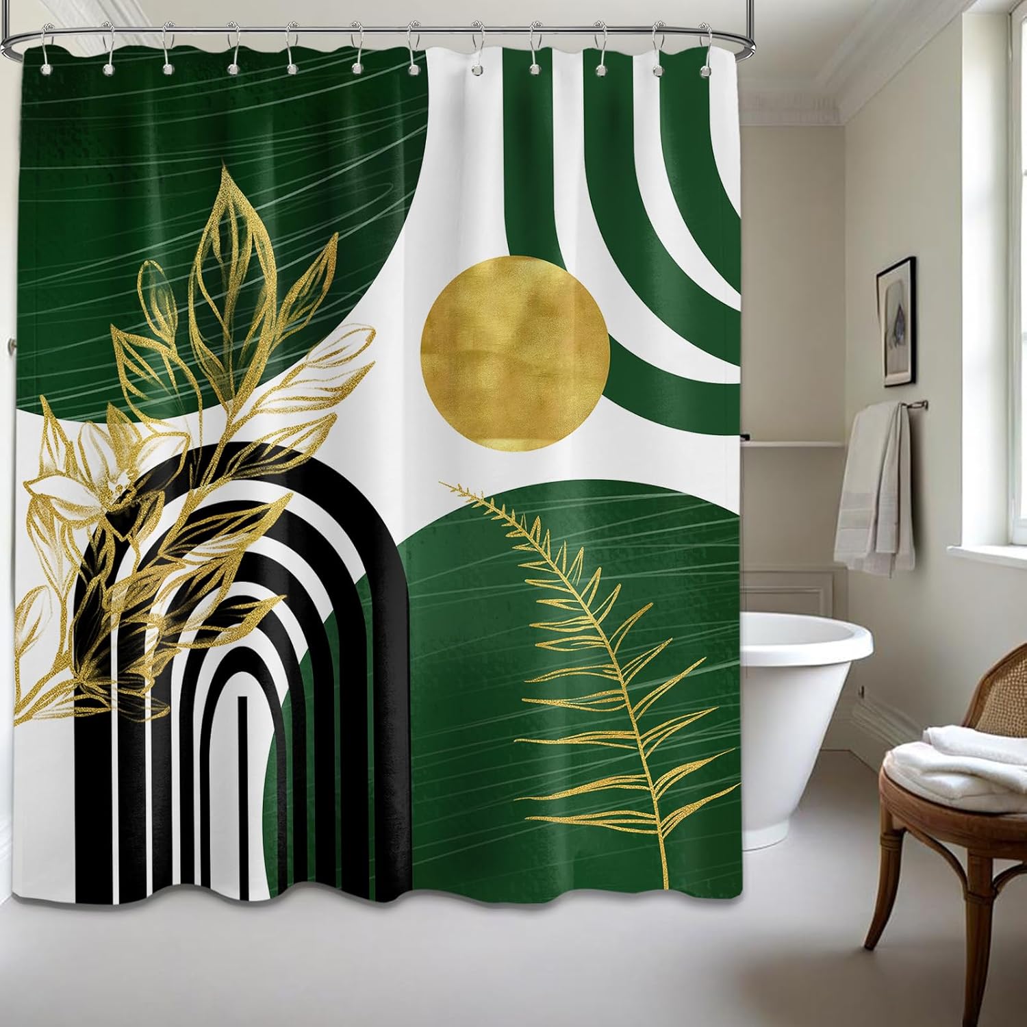 Zrodlmo®Boho Gold Leaves MCM Shower Curtain with Hooks
