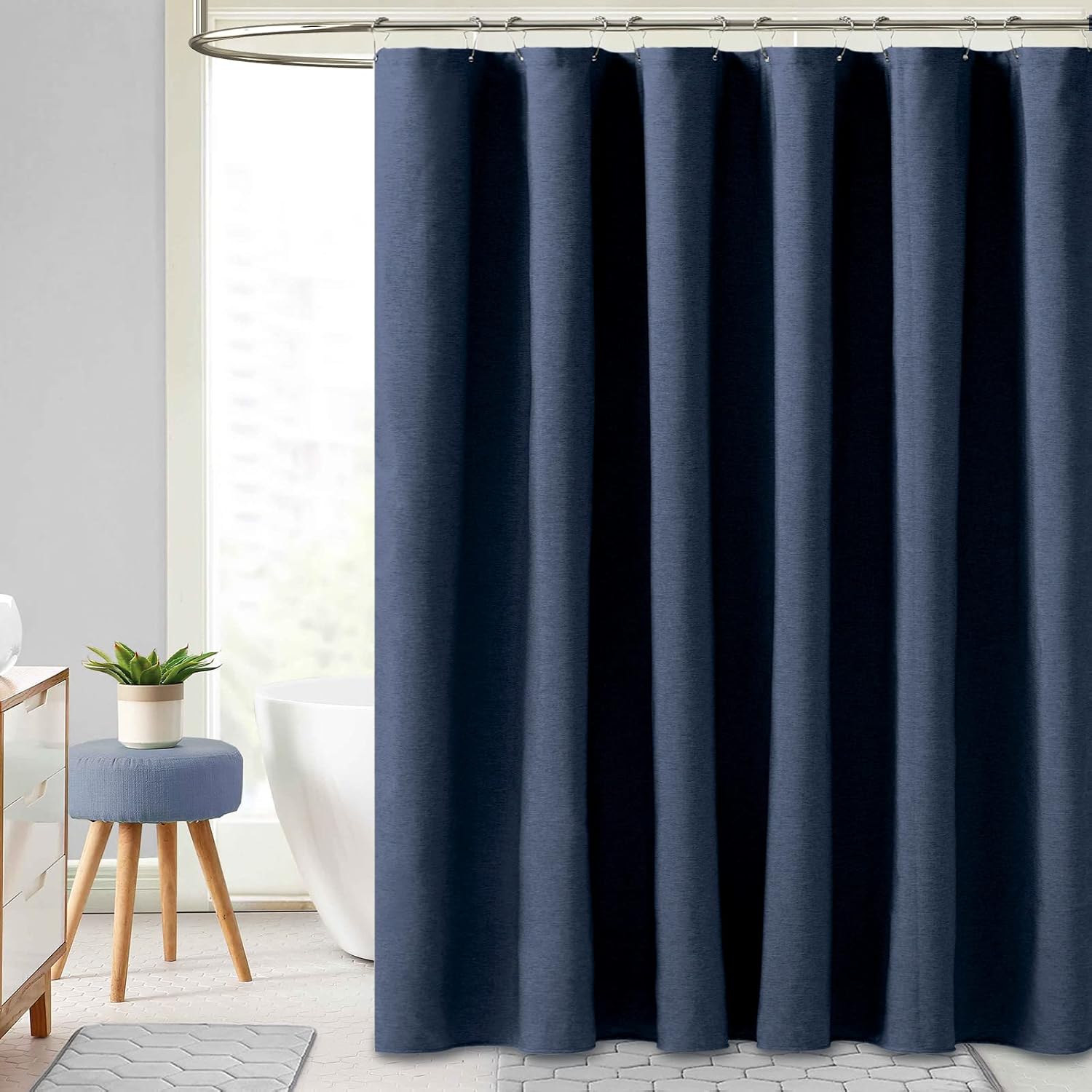 Linen Textured Cloth Shower Curtain With Hooks