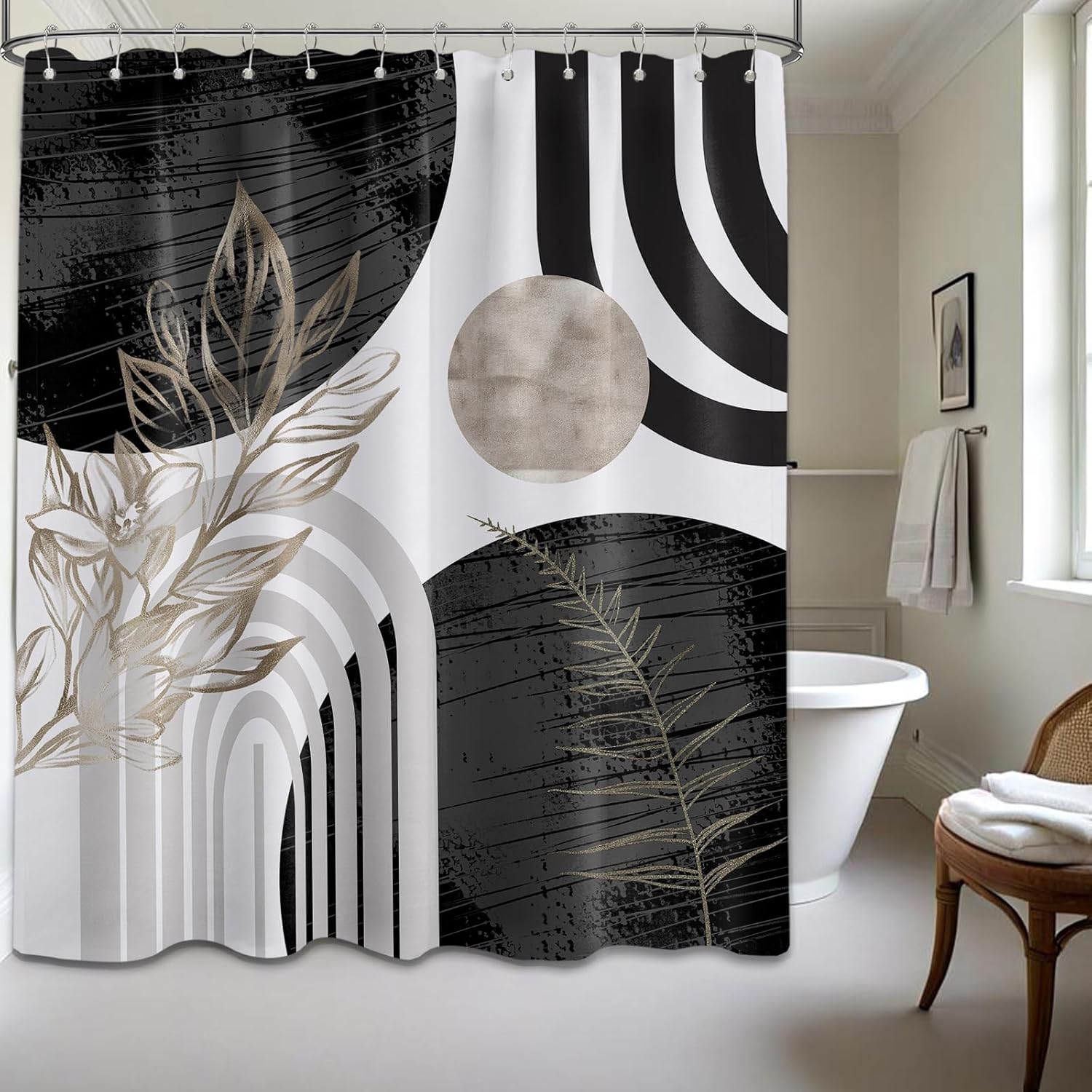 Zrodlmo®Boho Gold Leaves MCM Shower Curtain with Hooks