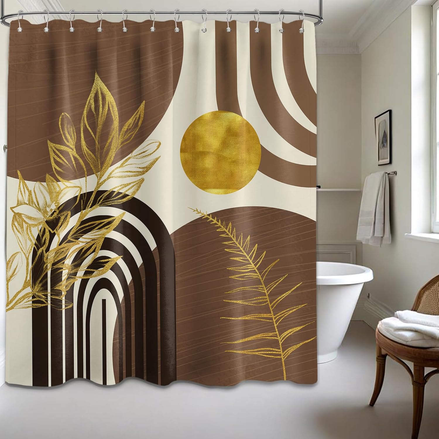 Zrodlmo®Boho Gold Leaves MCM Shower Curtain with Hooks