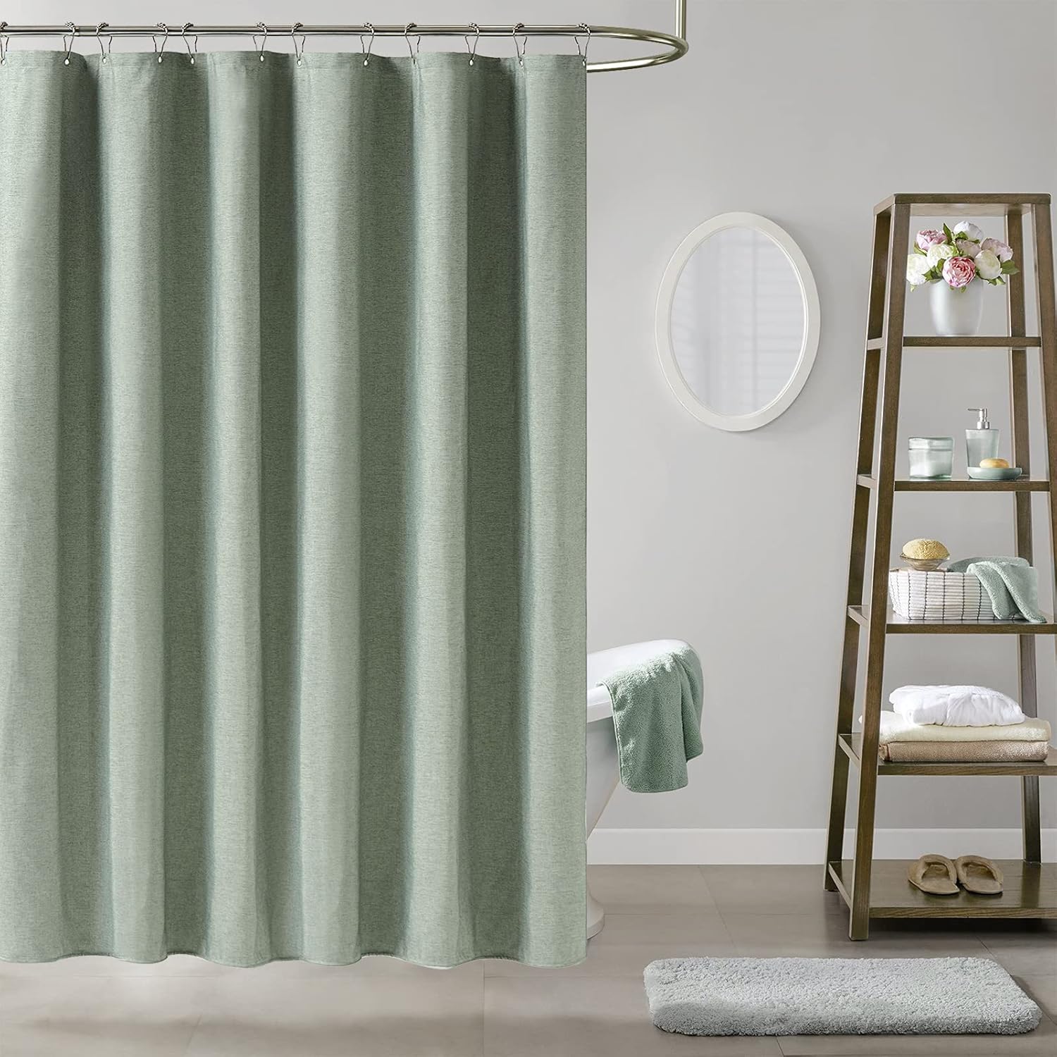Linen Textured Cloth Shower Curtain With Hooks