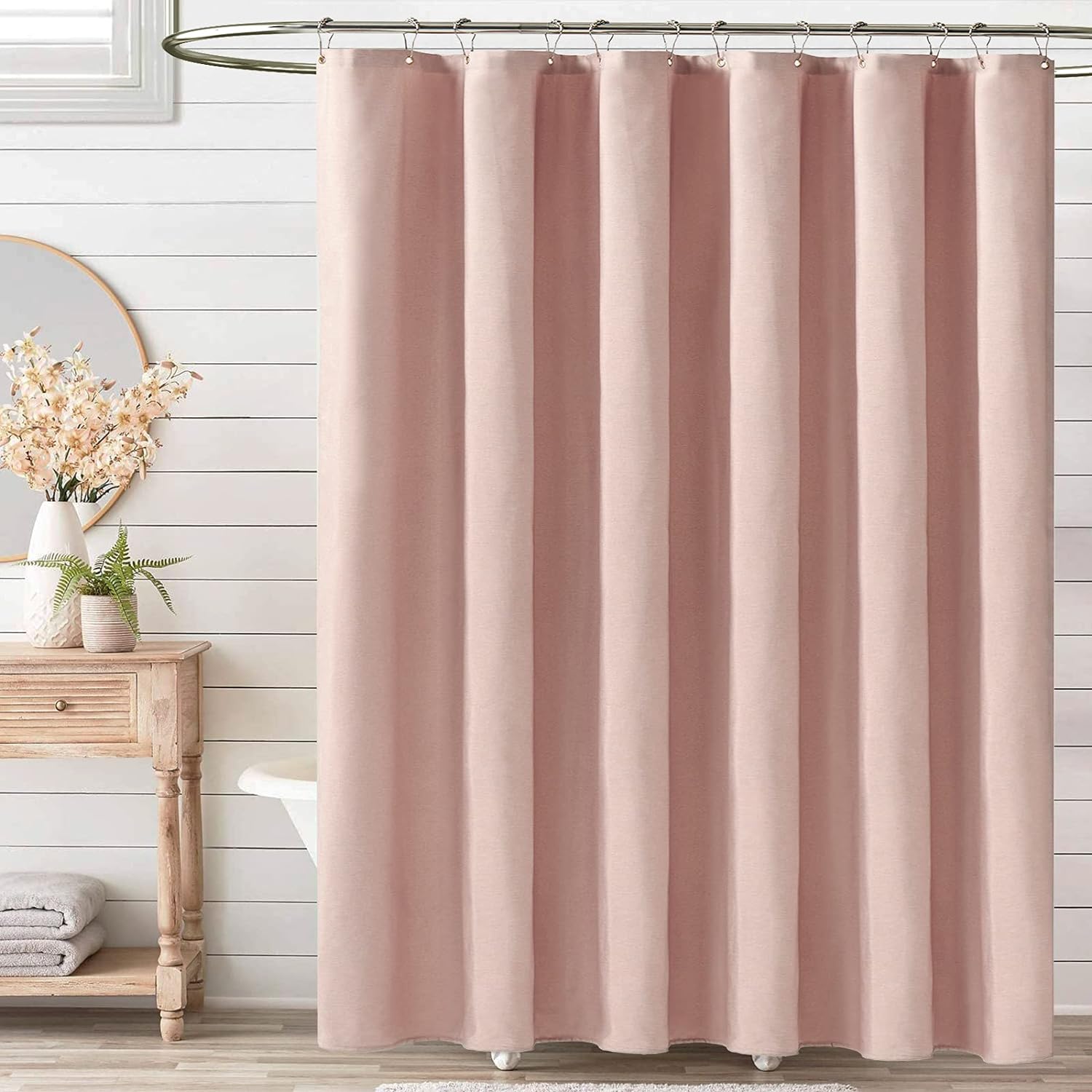 Linen Textured Cloth Shower Curtain With Hooks