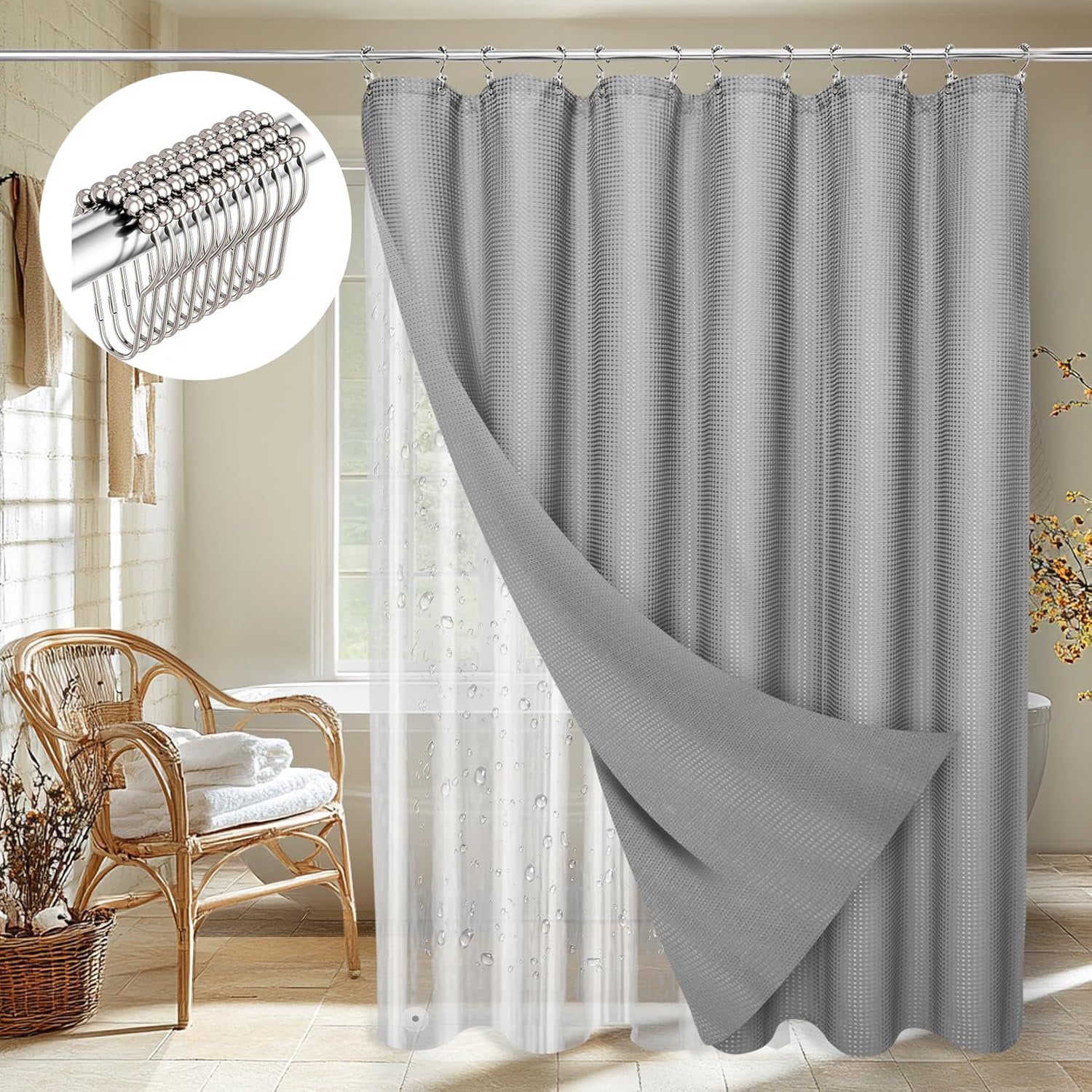 Waffle Shower Curtain Hotel Luxury Spa Bathroom Curtain with 12 hooks
