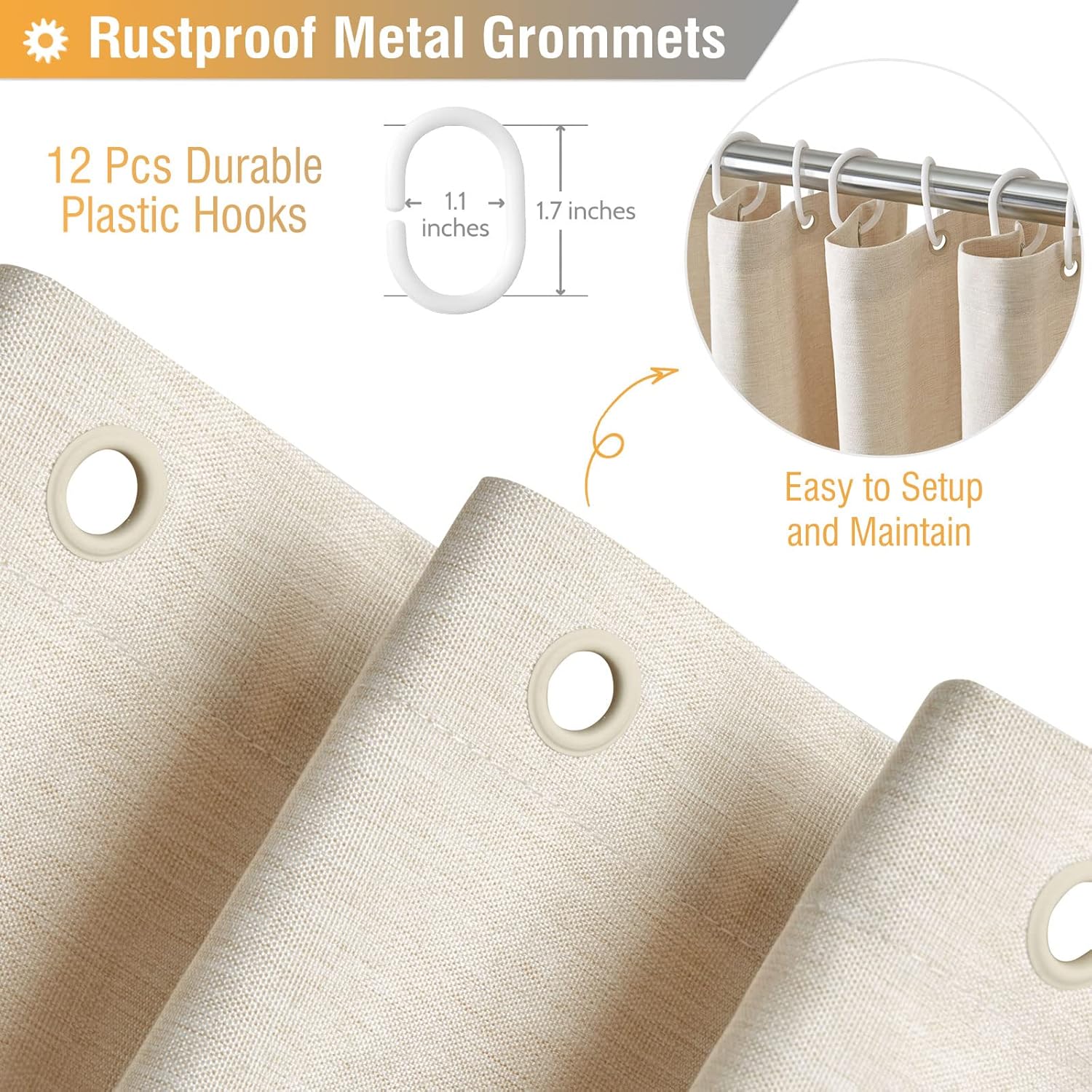 Linen Textured Cloth Shower Curtain With Hooks