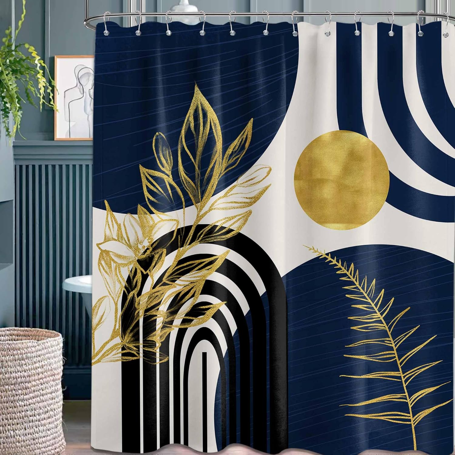 Zrodlmo®Boho Gold Leaves MCM Shower Curtain with Hooks