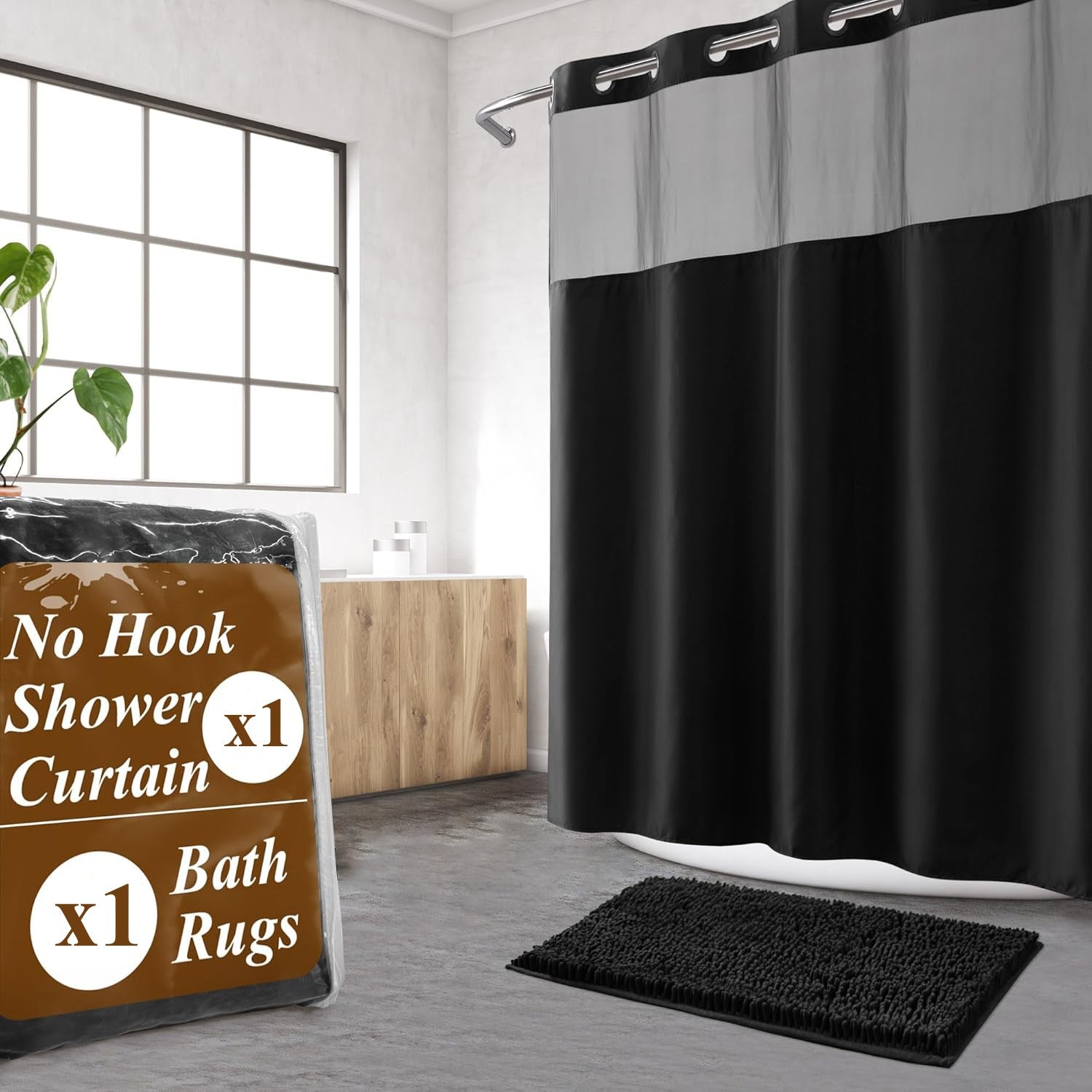 2 Pcs No Hook Shower Curtain With Bathroom Rugs