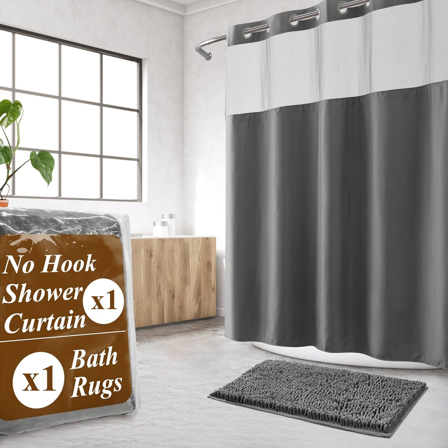 2 Pcs No Hook Shower Curtain With Bathroom Rugs
