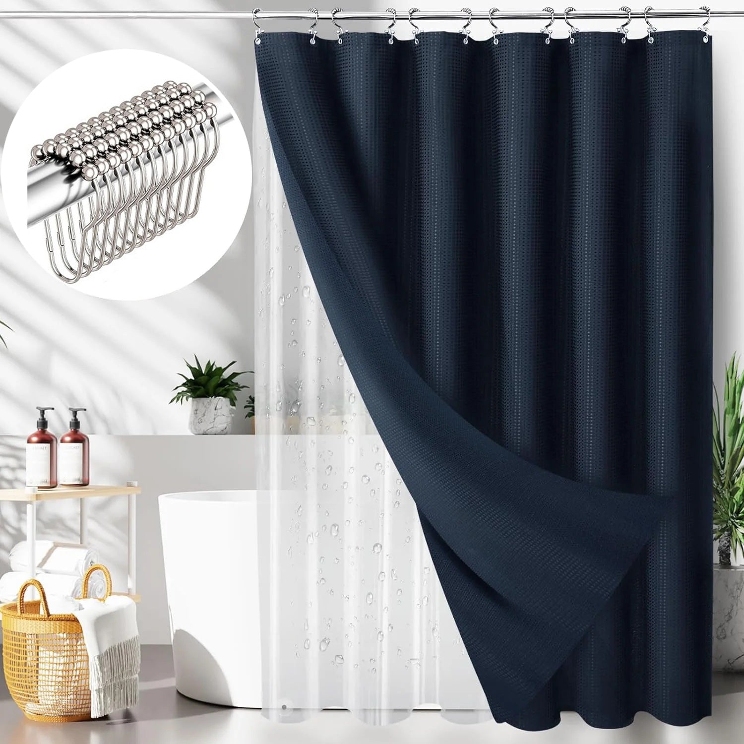 Waffle Shower Curtain Hotel Luxury Spa Bathroom Curtain with 12 hooks