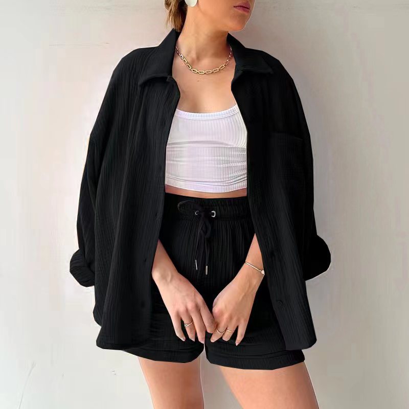 šSummer Funny Big Sale 50% Off -LZYoehinā¢Two-piece lapel long-sleeved shirt drawstring shorts(No Bandeau)