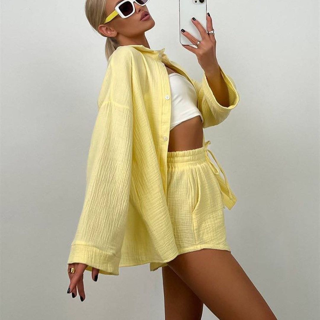 šSummer Funny Big Sale 50% Off -LZYoehinā¢Two-piece lapel long-sleeved shirt drawstring shorts(No Bandeau)