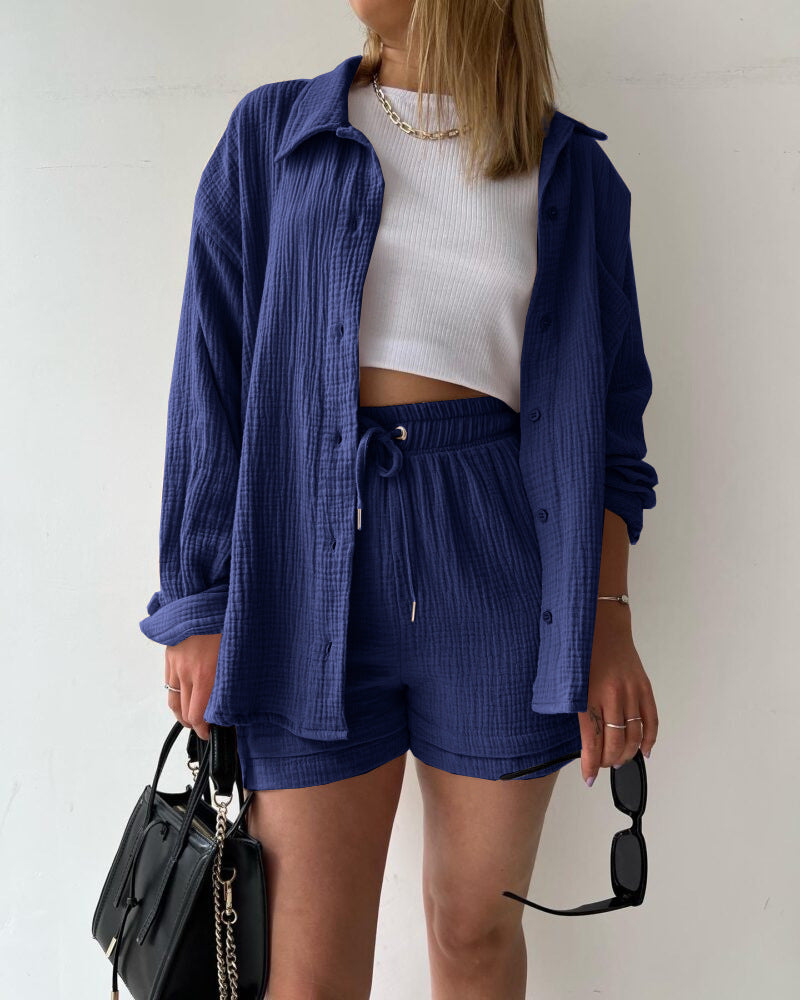 šSummer Funny Big Sale 50% Off -LZYoehinā¢Two-piece lapel long-sleeved shirt drawstring shorts(No Bandeau)