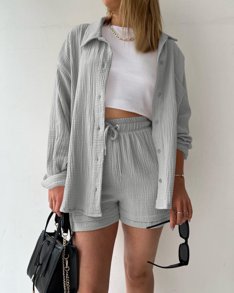šSummer Funny Big Sale 50% Off -LZYoehinā¢Two-piece lapel long-sleeved shirt drawstring shorts(No Bandeau)