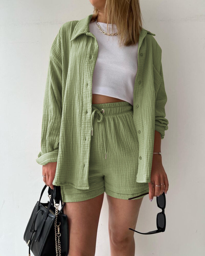 šSummer Funny Big Sale 50% Off -LZYoehinā¢Two-piece lapel long-sleeved shirt drawstring shorts(No Bandeau)
