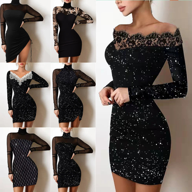 š2023 Dress Sale 30% OFF - LZYoehinā¢Slim fit one-shoulder bag hip black dress evening dress