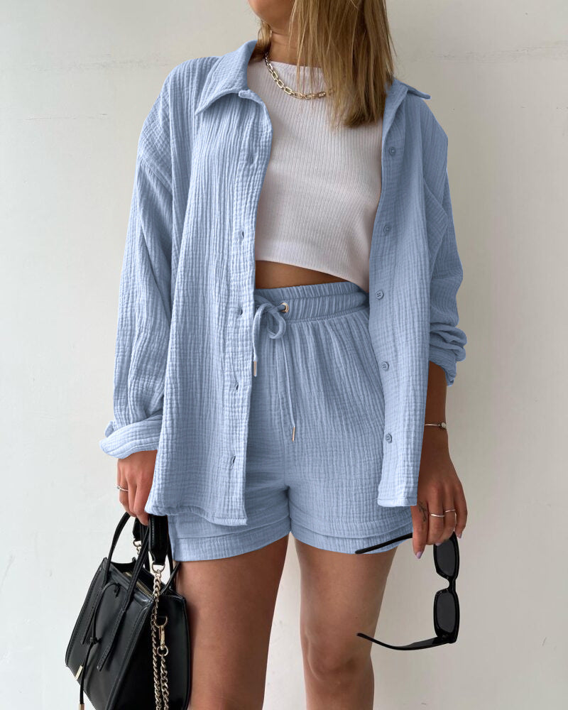 šSummer Funny Big Sale 50% Off -LZYoehinā¢Two-piece lapel long-sleeved shirt drawstring shorts(No Bandeau)