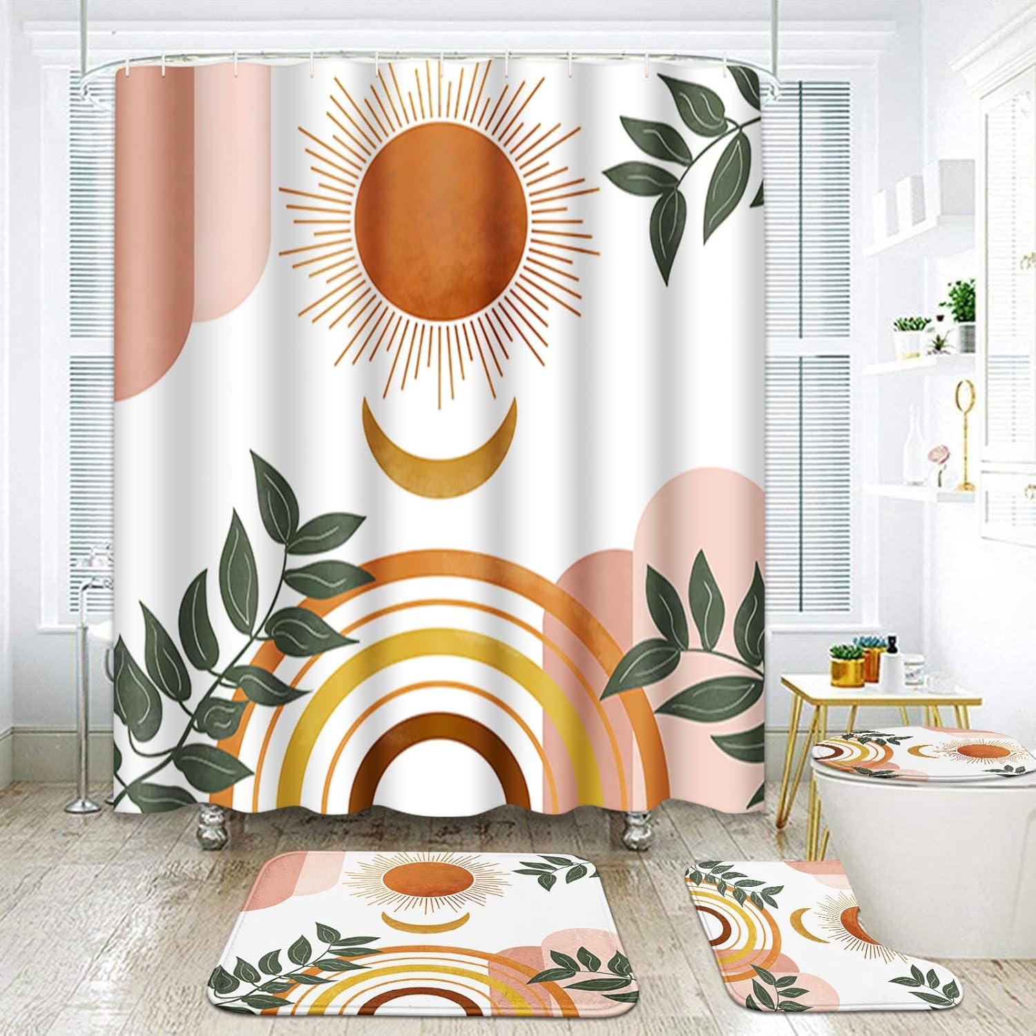 Zrodlmo 4 Piece Boho Sun Moon Leaf Green Abstract Set and Rugs