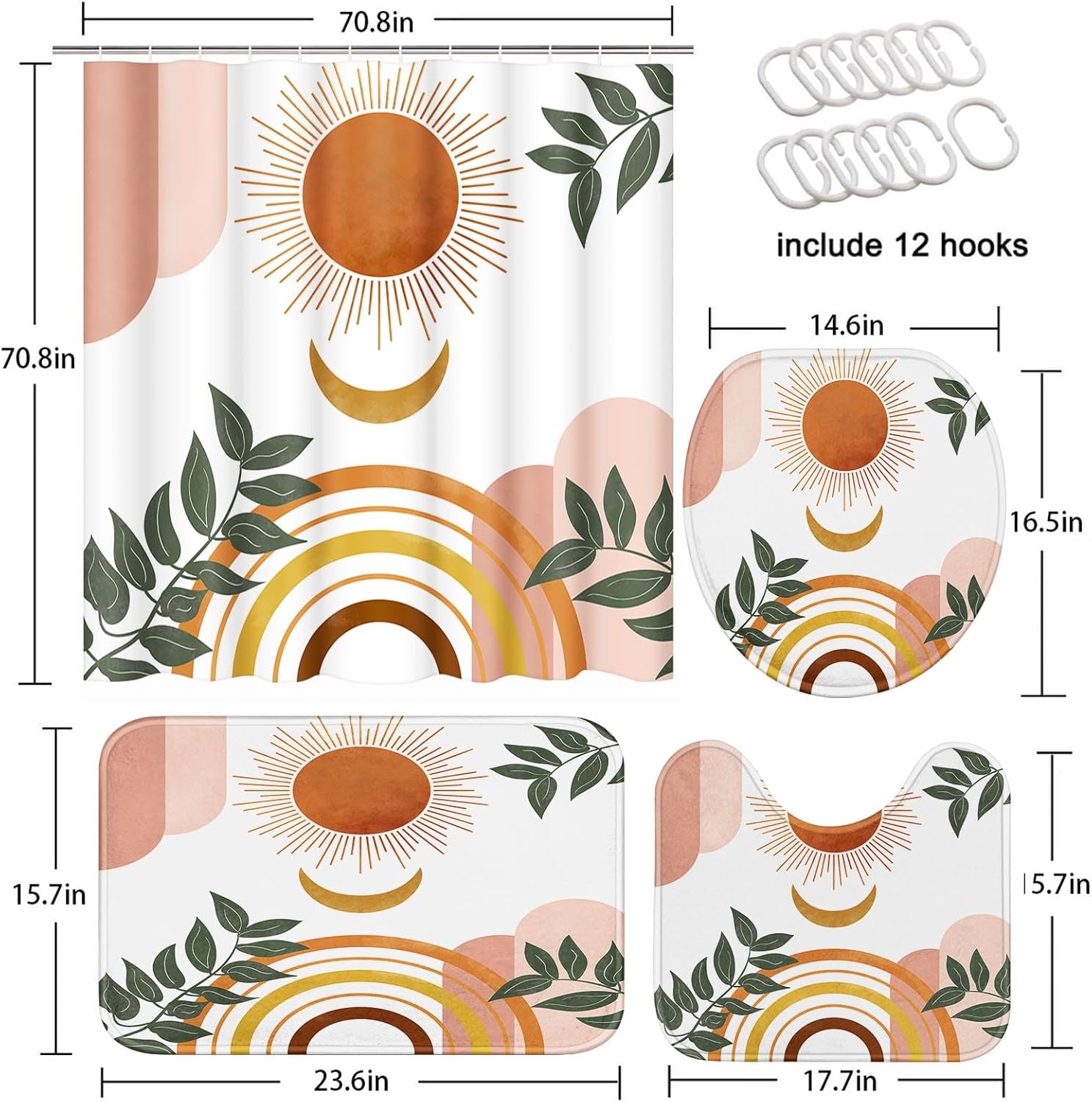 Zrodlmo 4 Piece Boho Sun Moon Leaf Green Abstract Set and Rugs