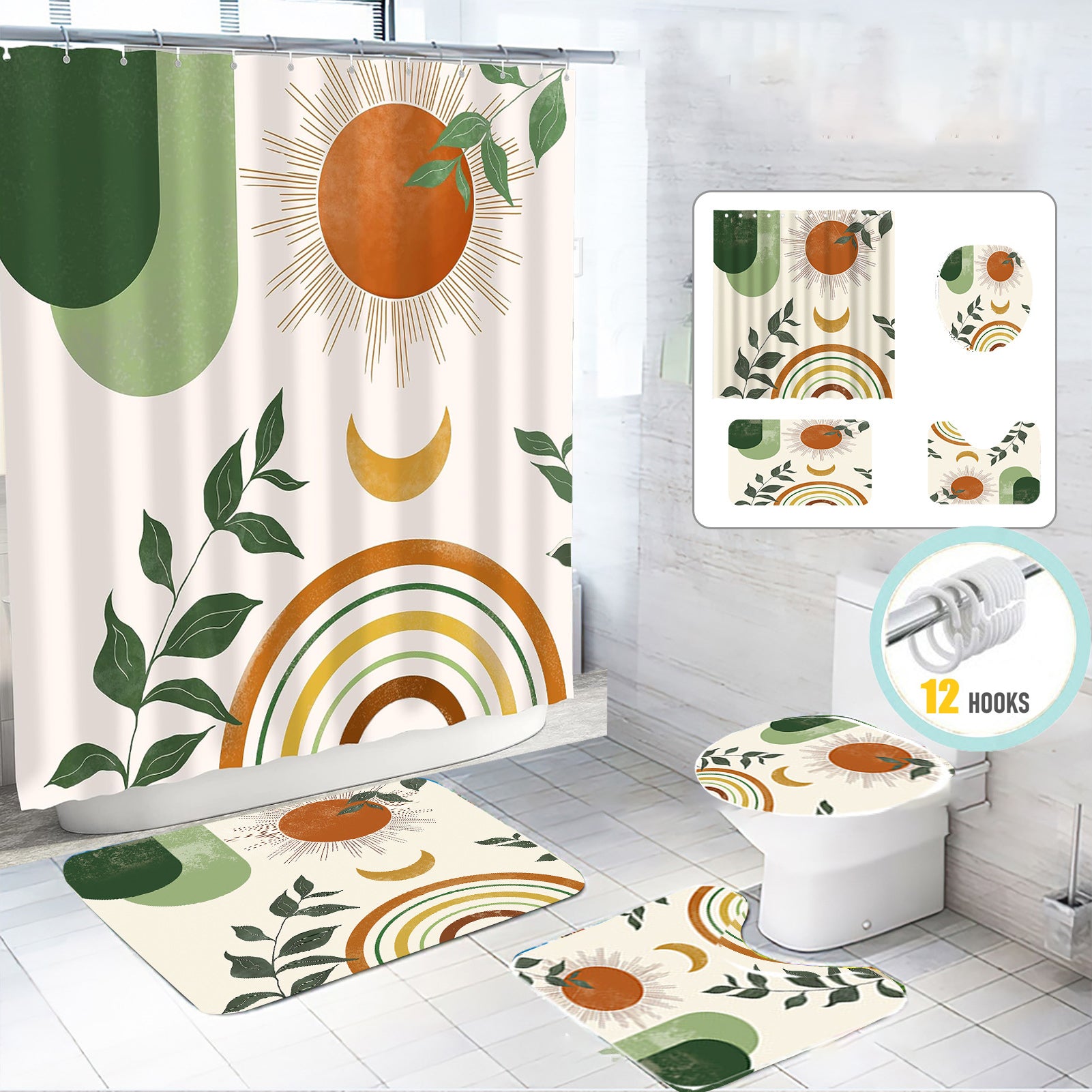 Zrodlmo 4 Piece Boho Sun Moon Leaf Green Abstract Set and Rugs