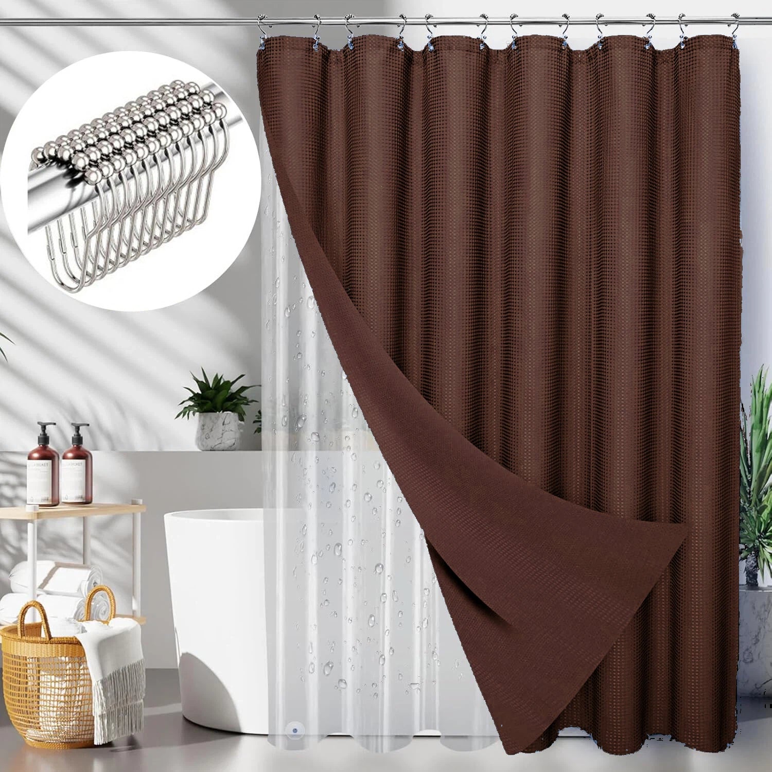 Waffle Shower Curtain Hotel Luxury Spa Bathroom Curtain with 12 hooks