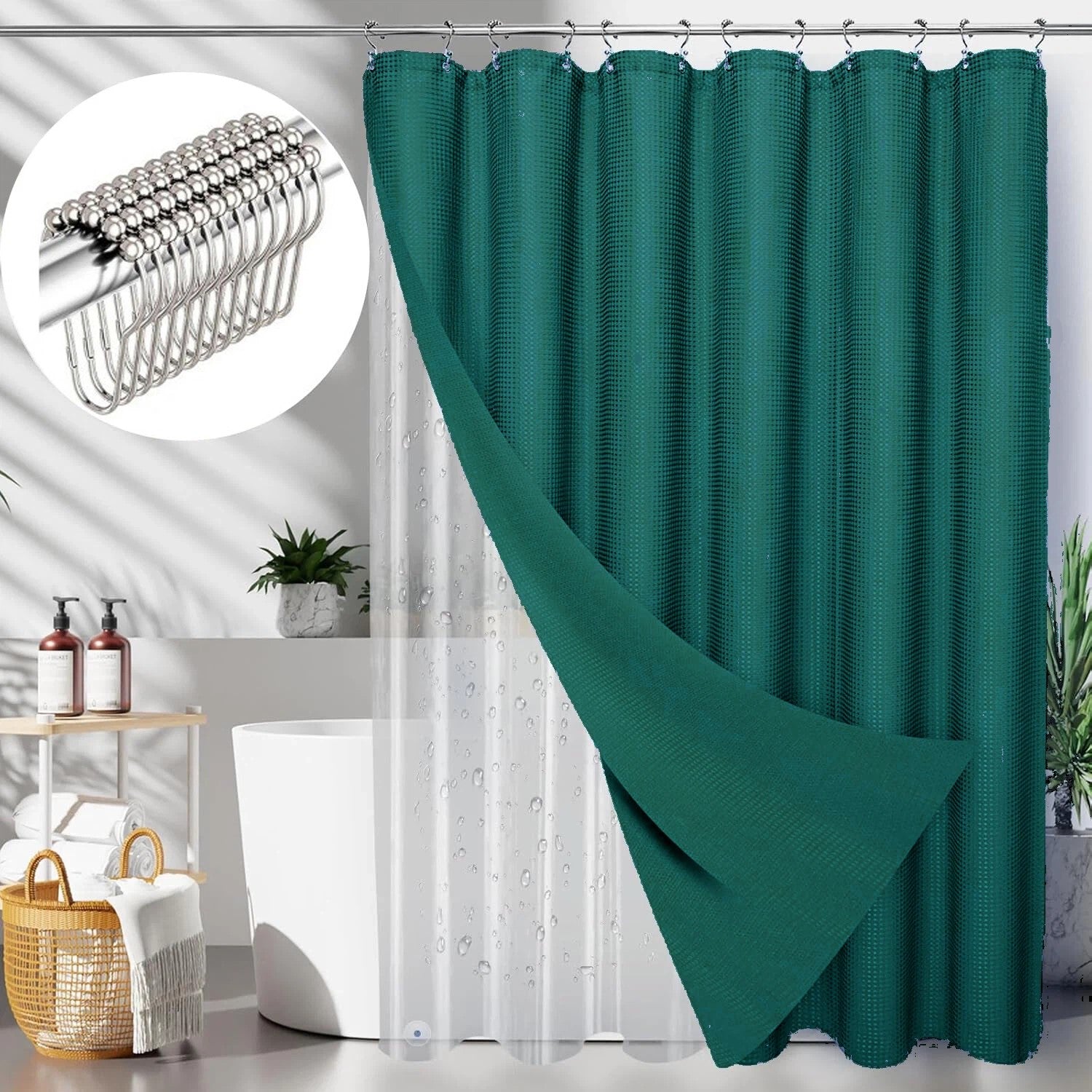 Waffle Shower Curtain Hotel Luxury Spa Bathroom Curtain with 12 hooks