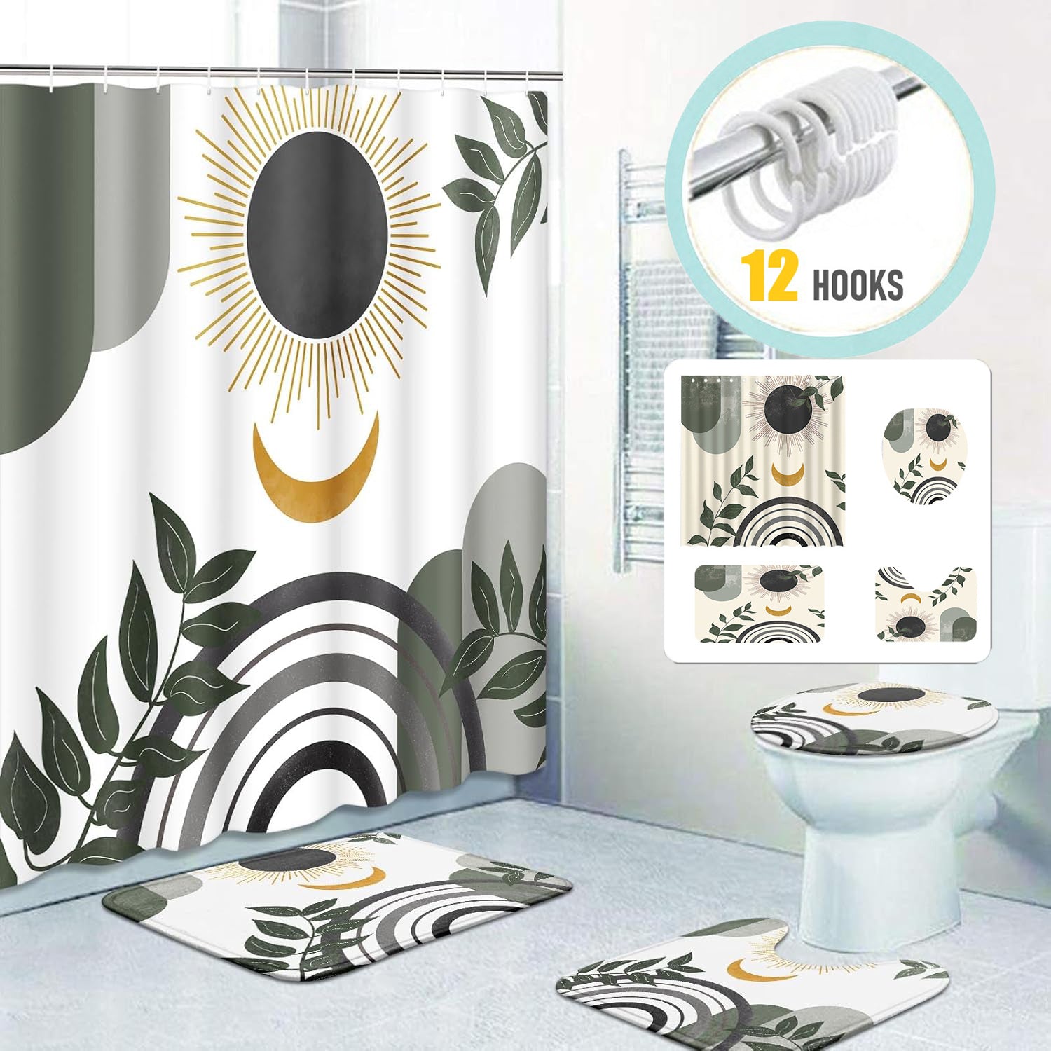 Zrodlmo 4 Piece Boho Sun Moon Leaf Green Abstract Set and Rugs