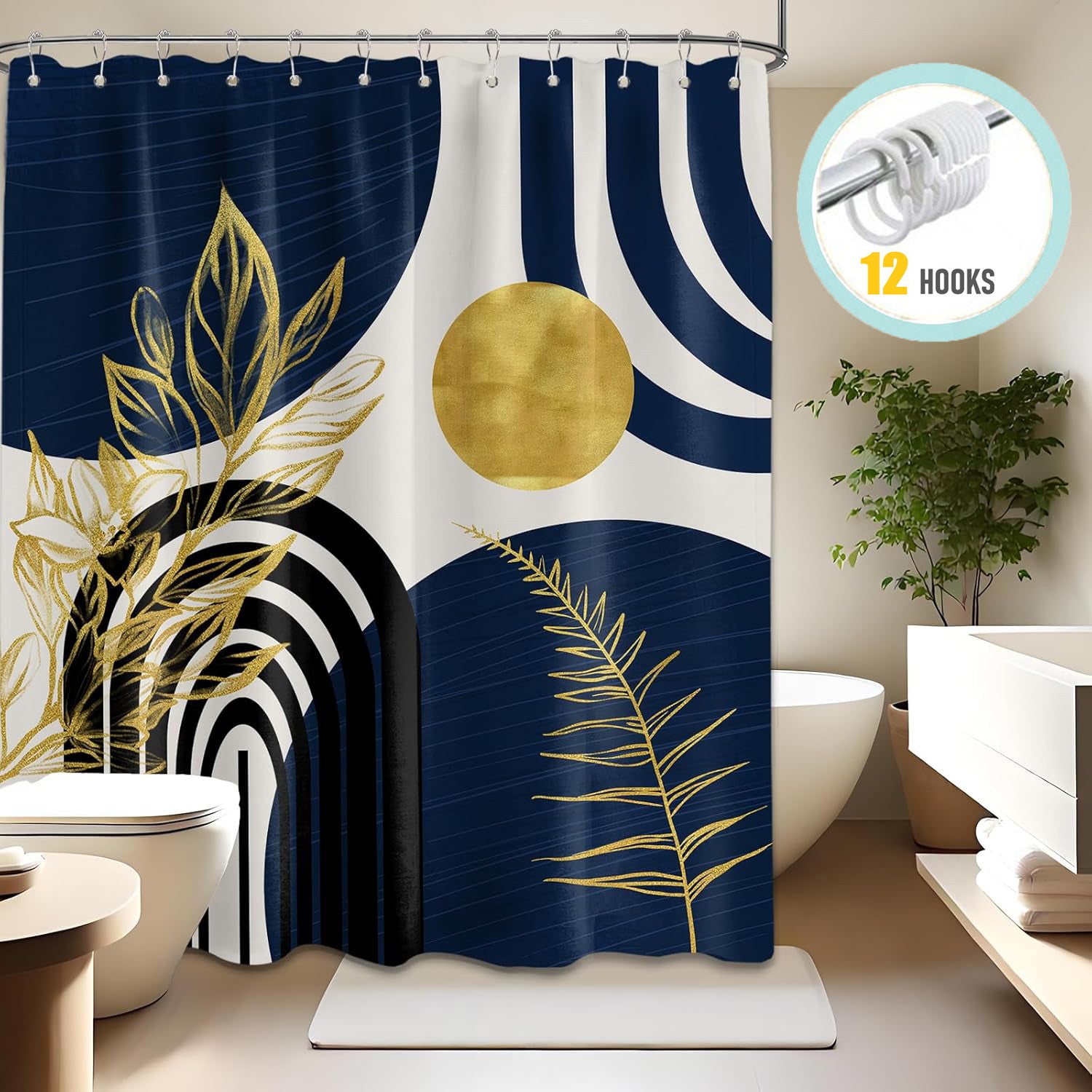 Zrodlmo®Boho Gold Leaves MCM Shower Curtain with Hooks