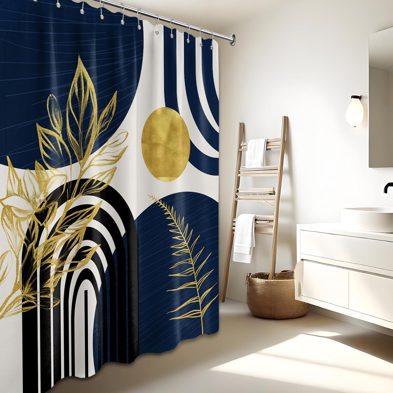 Zrodlmo®Boho Gold Leaves MCM Shower Curtain with Hooks