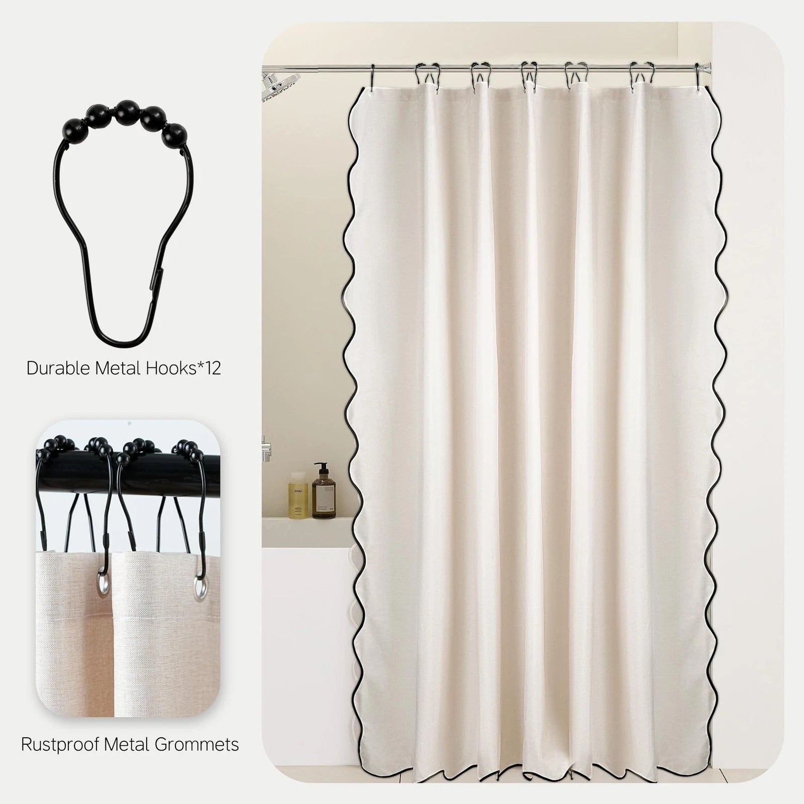 Zrodlmo®Linen-textured shower curtain with piped edges