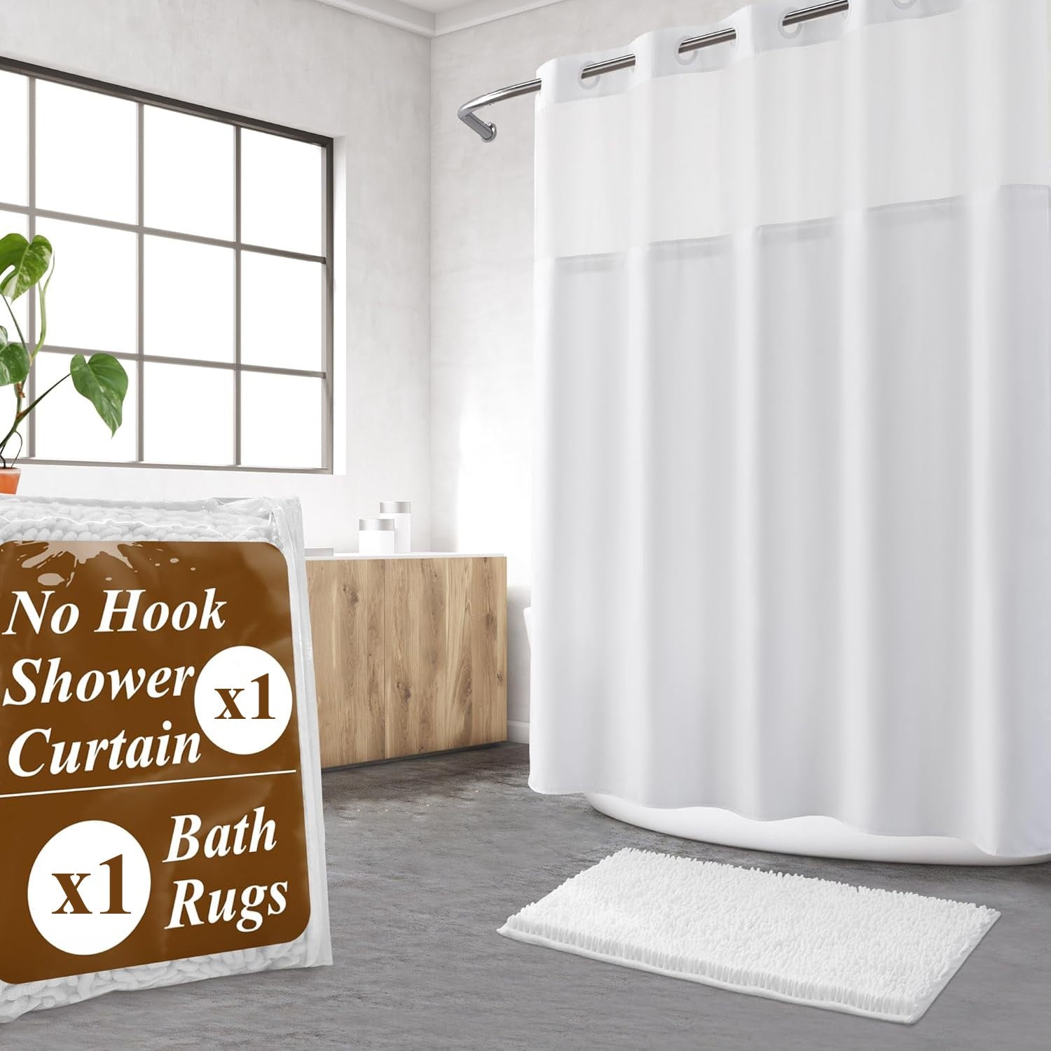 2 Pcs No Hook Shower Curtain With Bathroom Rugs