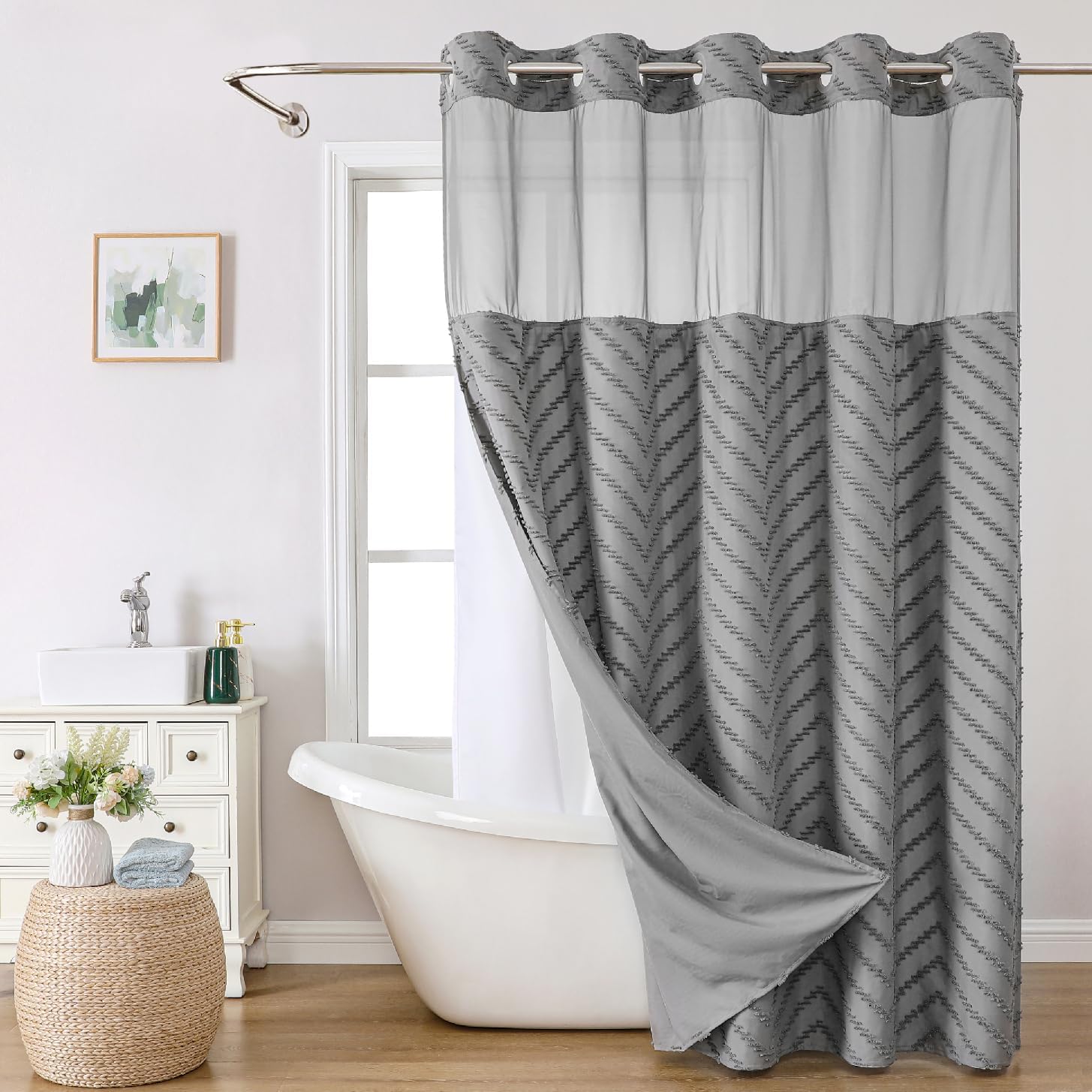 Zrodlmo™Waterproof Hookless Shower Curtain White Tufted W-Shaped Striped Fabric