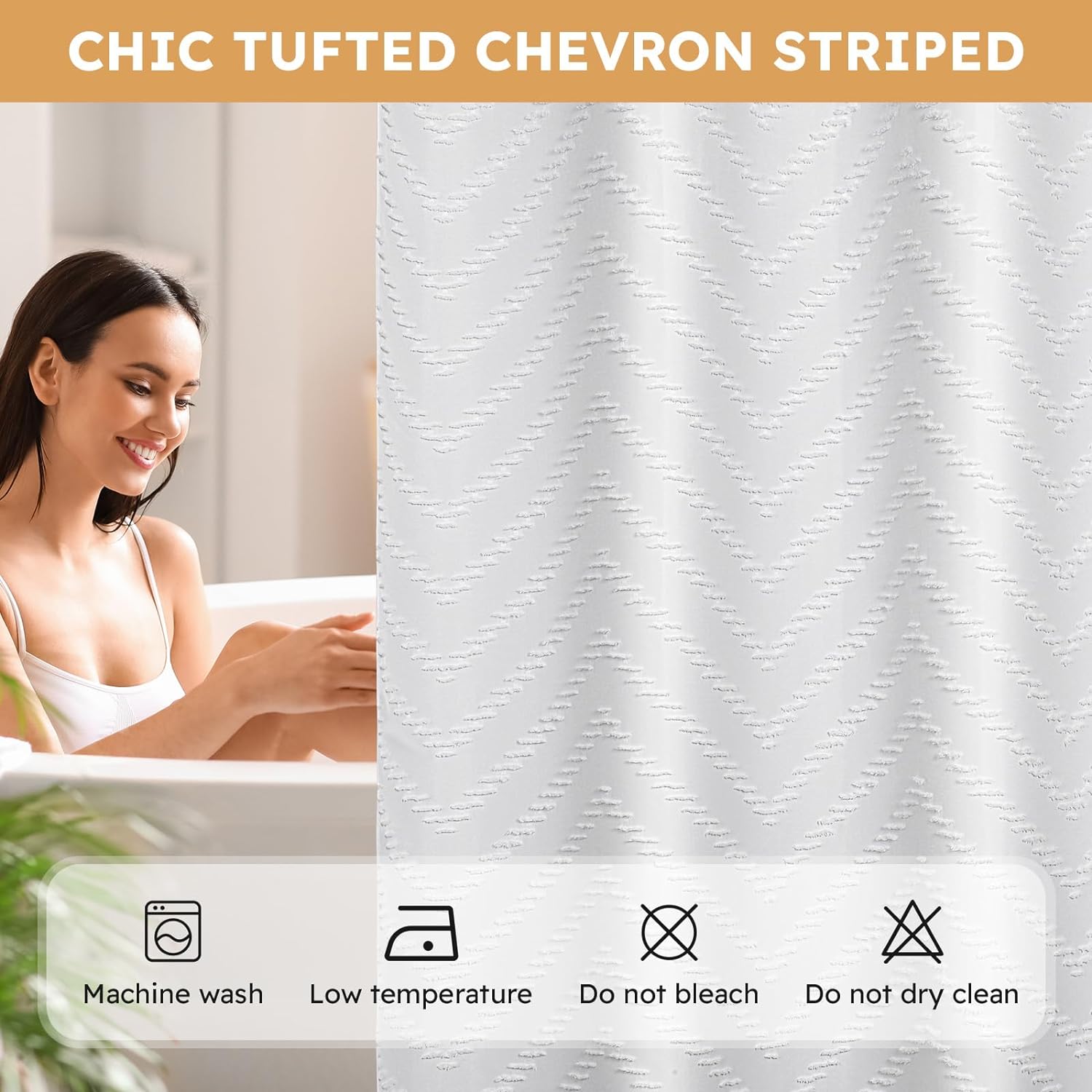 Zrodlmo™Waterproof Hookless Shower Curtain White Tufted W-Shaped Striped Fabric