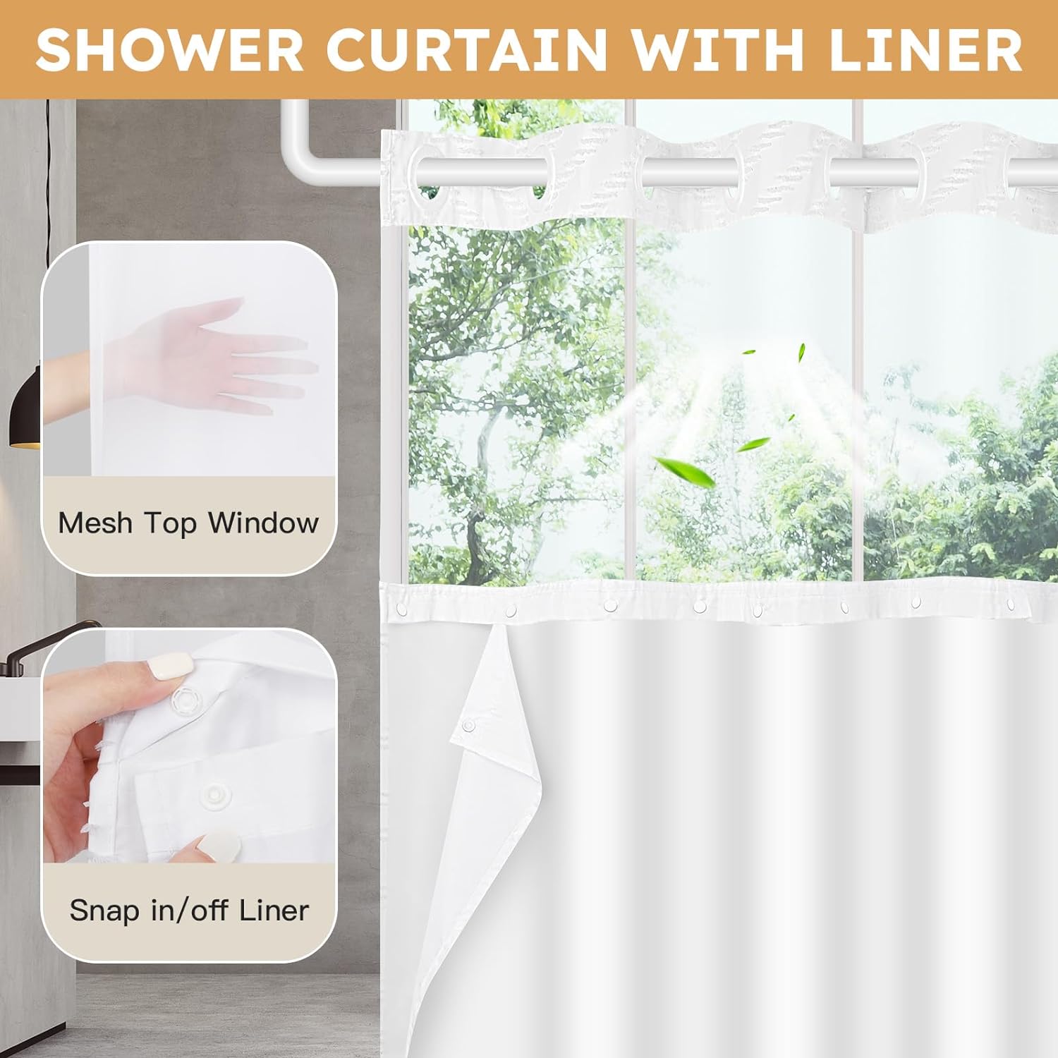 Zrodlmo™Waterproof Hookless Shower Curtain White Tufted W-Shaped Striped Fabric