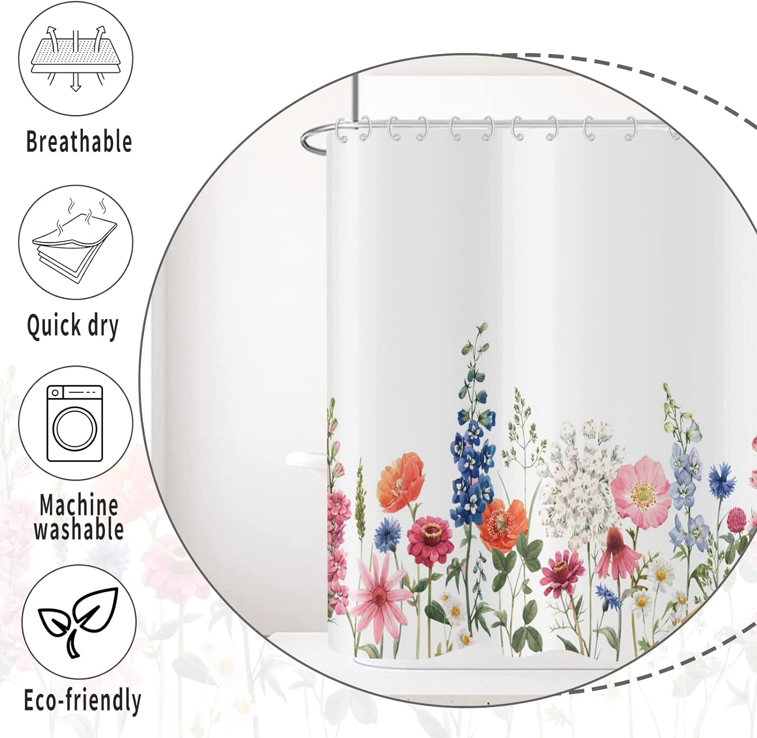 Zrodlmo™Floral Shower Curtain White Waterproof Bathroom