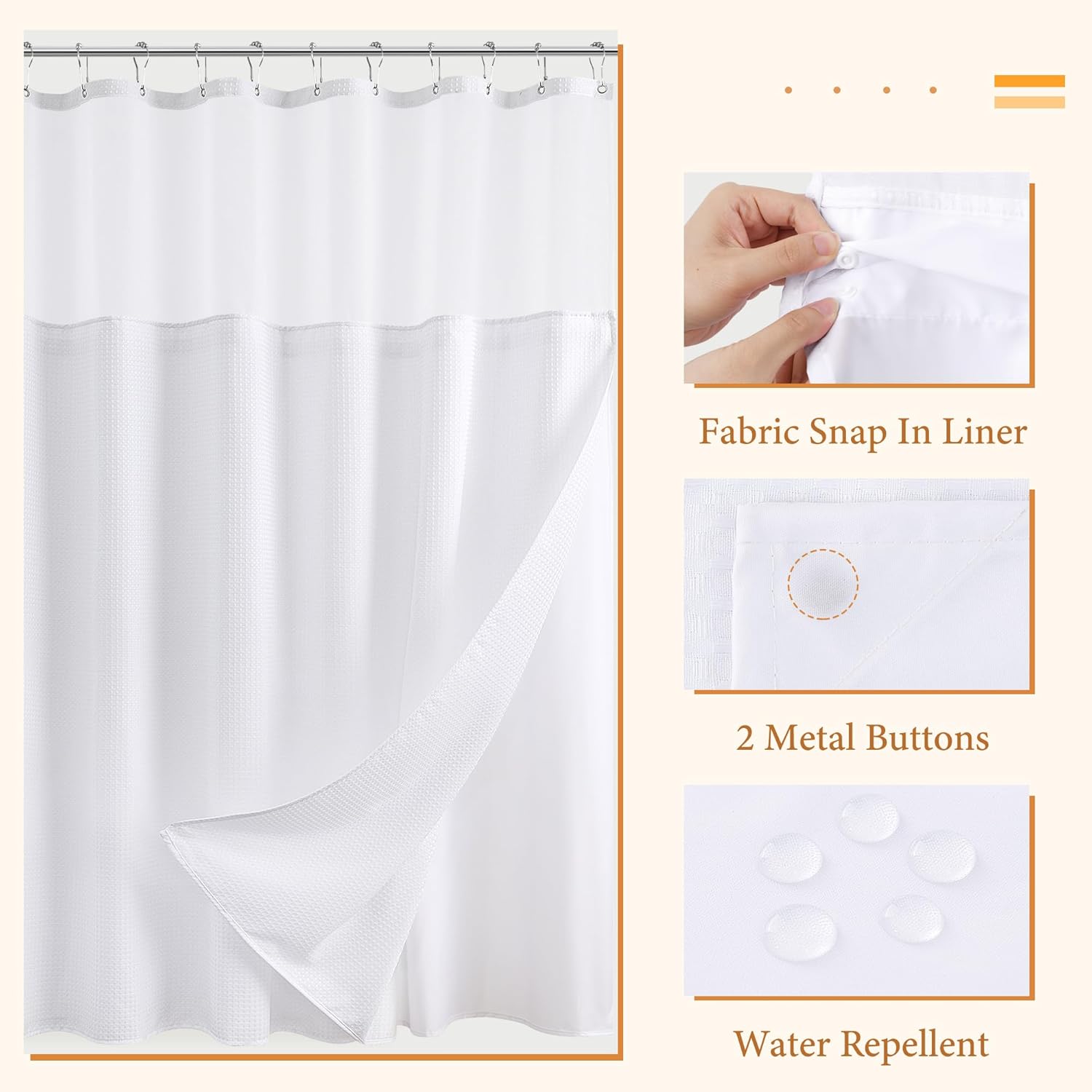Waffle Waterproof Hotel Grade Bathroom Curtain with Hook