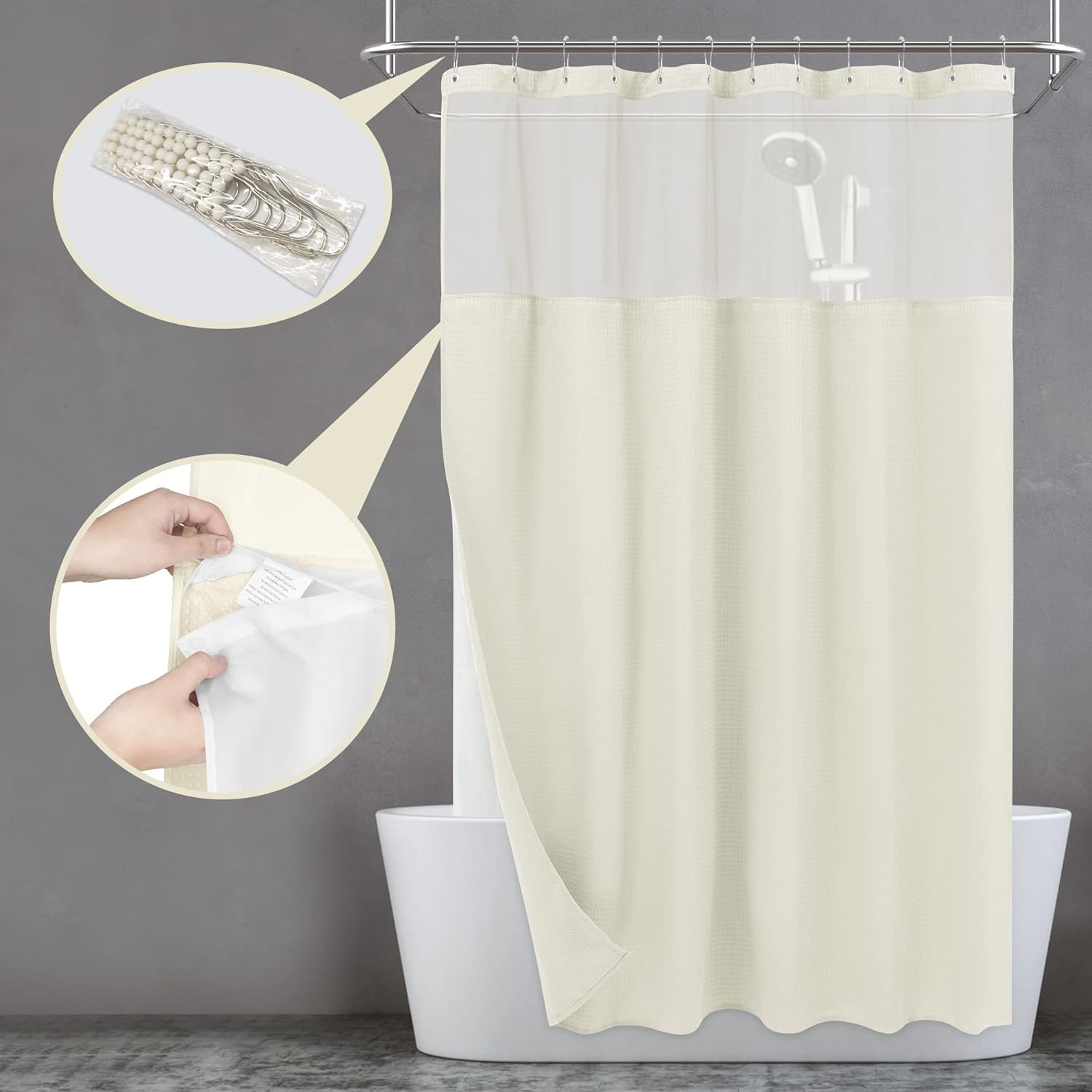 Waffle Waterproof Hotel Grade Bathroom Curtain with Hook