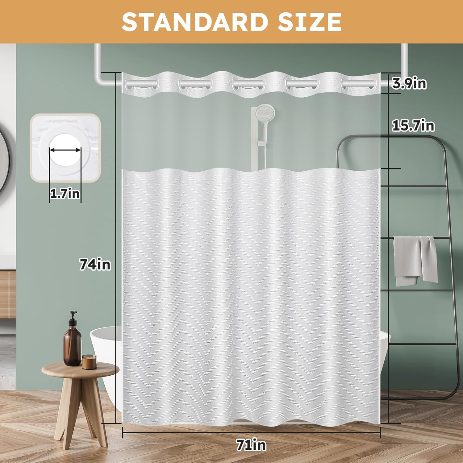 Zrodlmo™Waterproof Hookless Shower Curtain White Tufted W-Shaped Striped Fabric