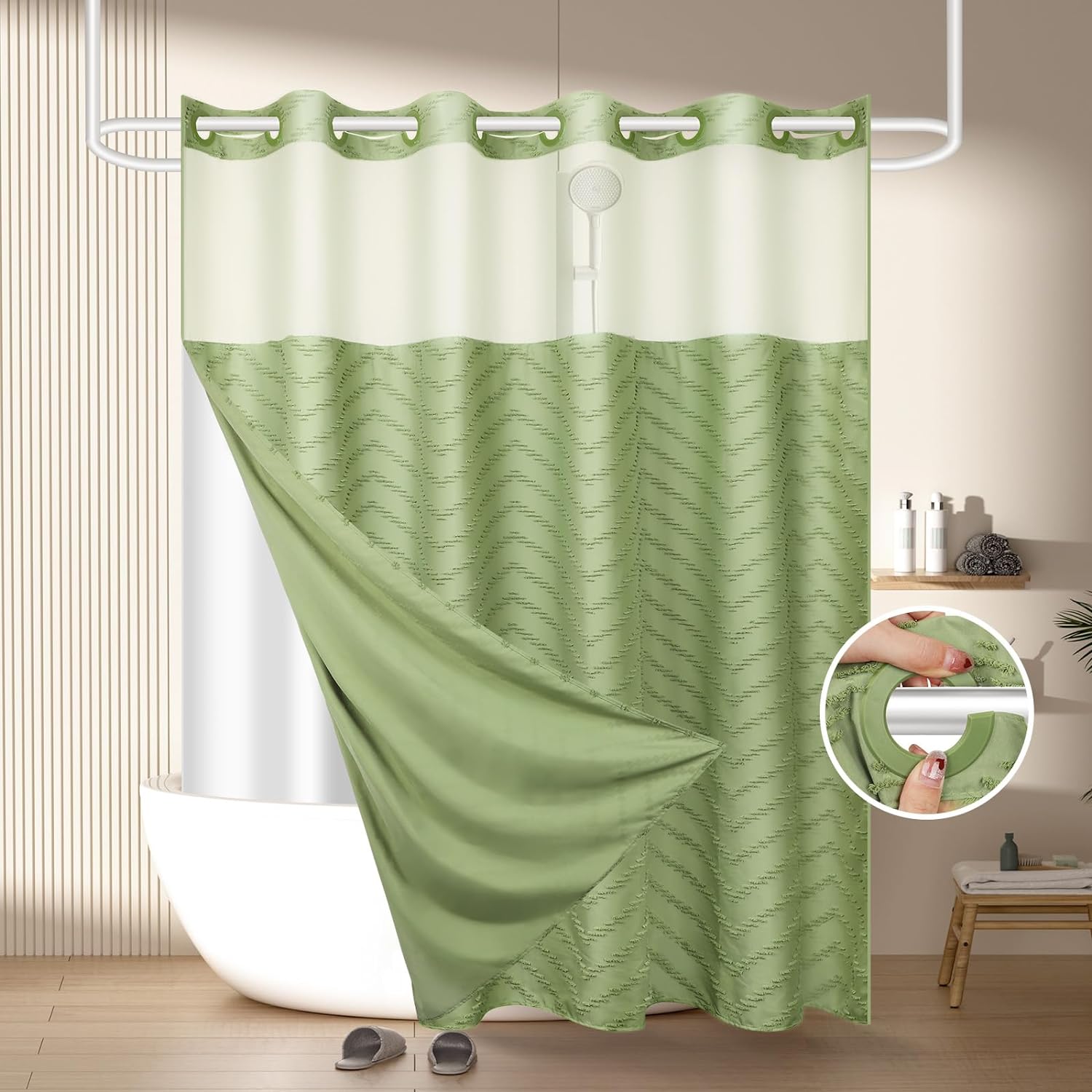 Zrodlmo™Waterproof Hookless Shower Curtain White Tufted W-Shaped Striped Fabric