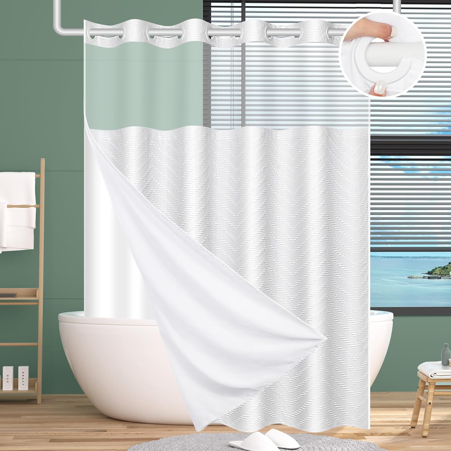 Zrodlmo™Waterproof Hookless Shower Curtain White Tufted W-Shaped Striped Fabric