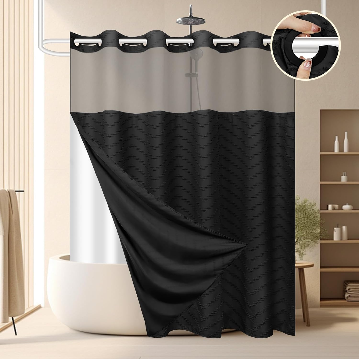 Zrodlmo™Waterproof Hookless Shower Curtain White Tufted W-Shaped Striped Fabric