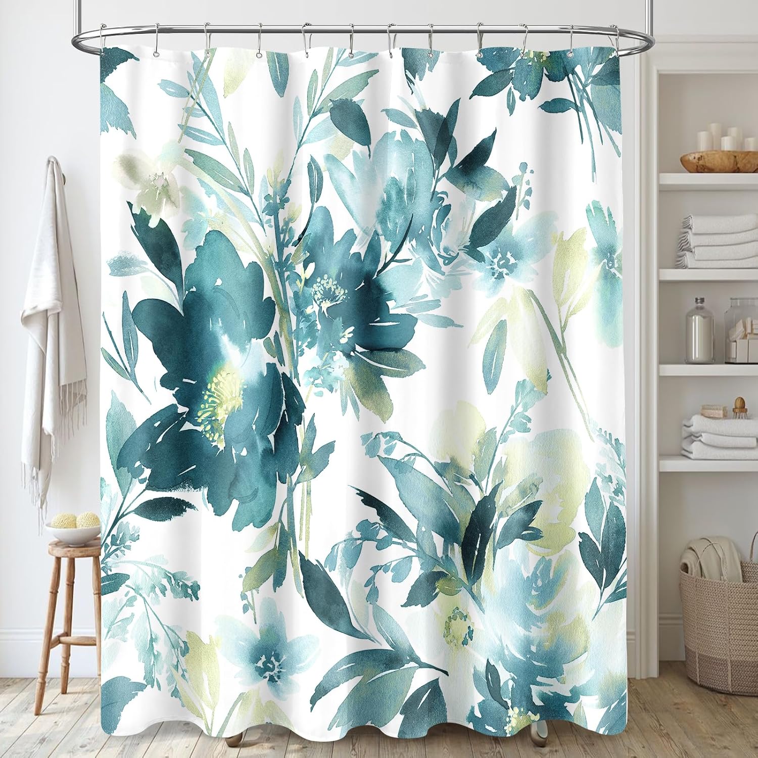 Watercolor Plant Leaves Floral Shower Curtain for Bathroom with Hooks