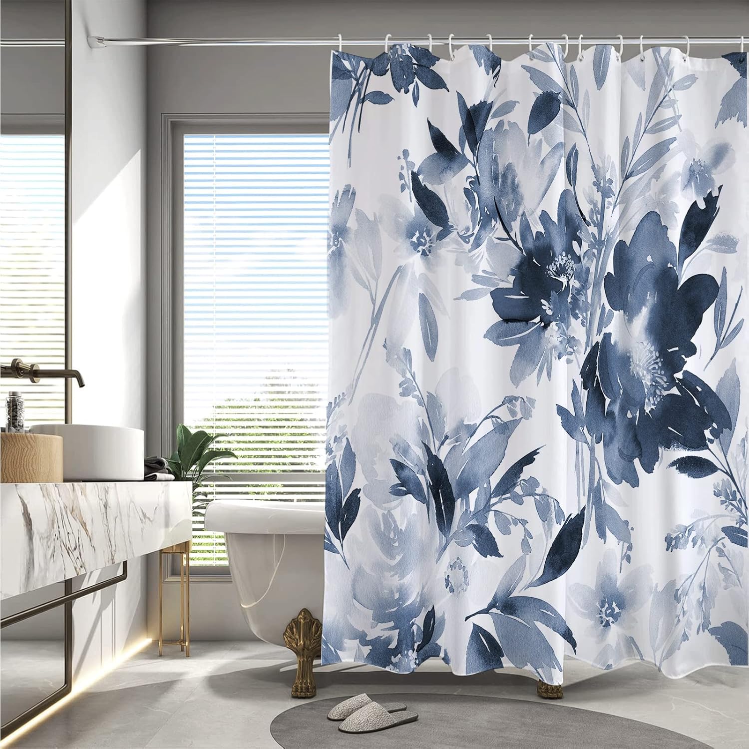 Watercolor Plant Leaves Floral Shower Curtain for Bathroom with Hooks