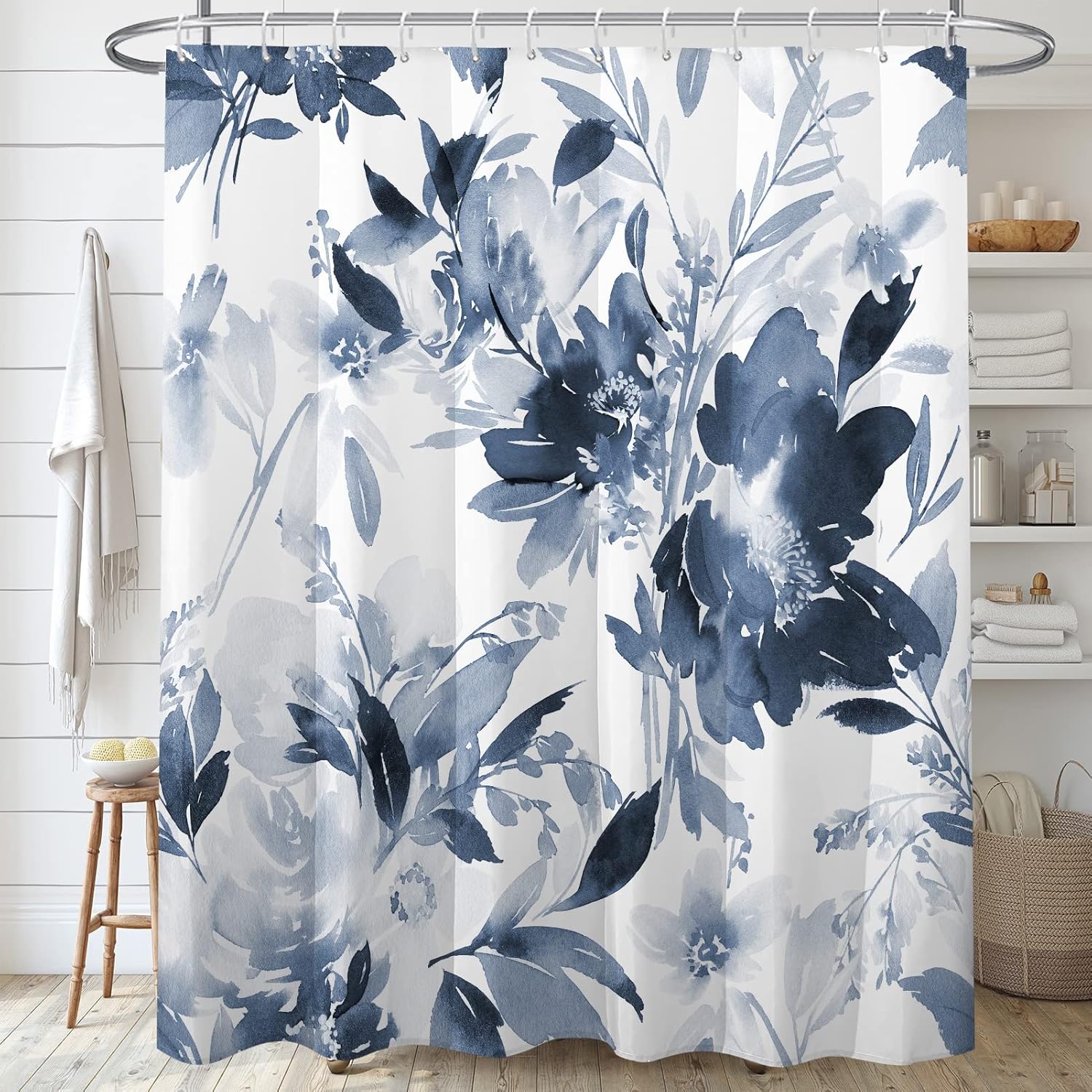 Watercolor Plant Leaves Floral Shower Curtain for Bathroom with Hooks