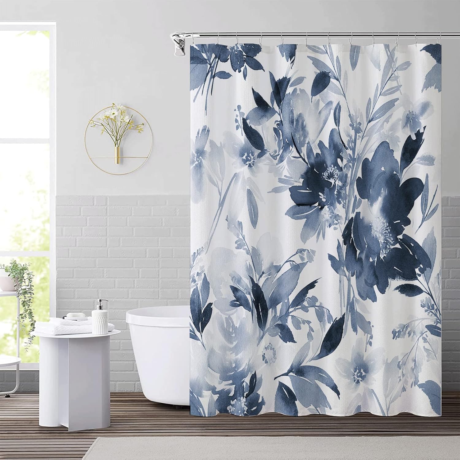 Watercolor Plant Leaves Floral Shower Curtain for Bathroom with Hooks